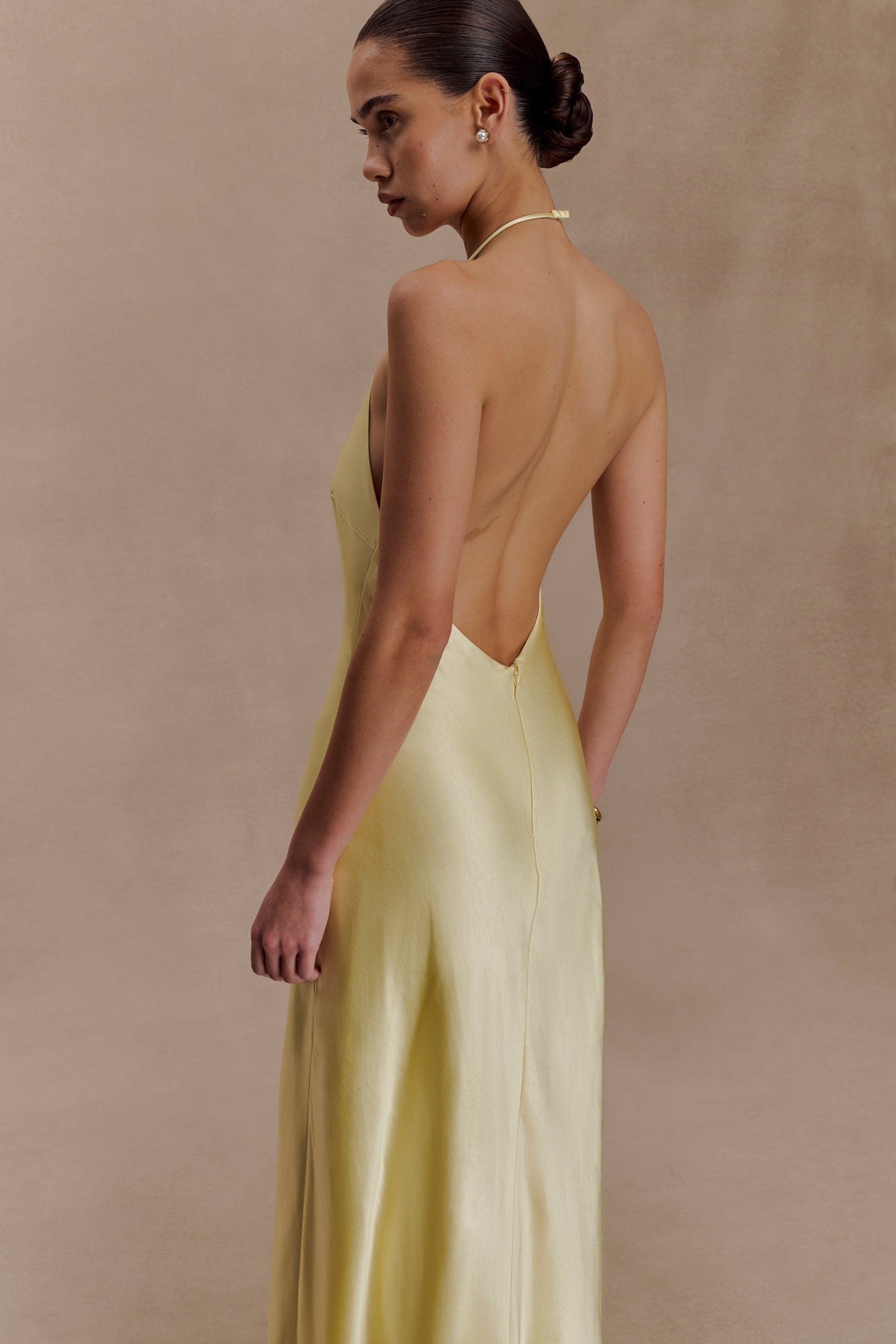 Meshki Long Backless Dress Uk Bella Satin Halter Maxi Dress Lemon MESHKI UK Meshki Long Backless Dress Uk Bella Satin Halter Maxi Dress Lemon MESHKI UK