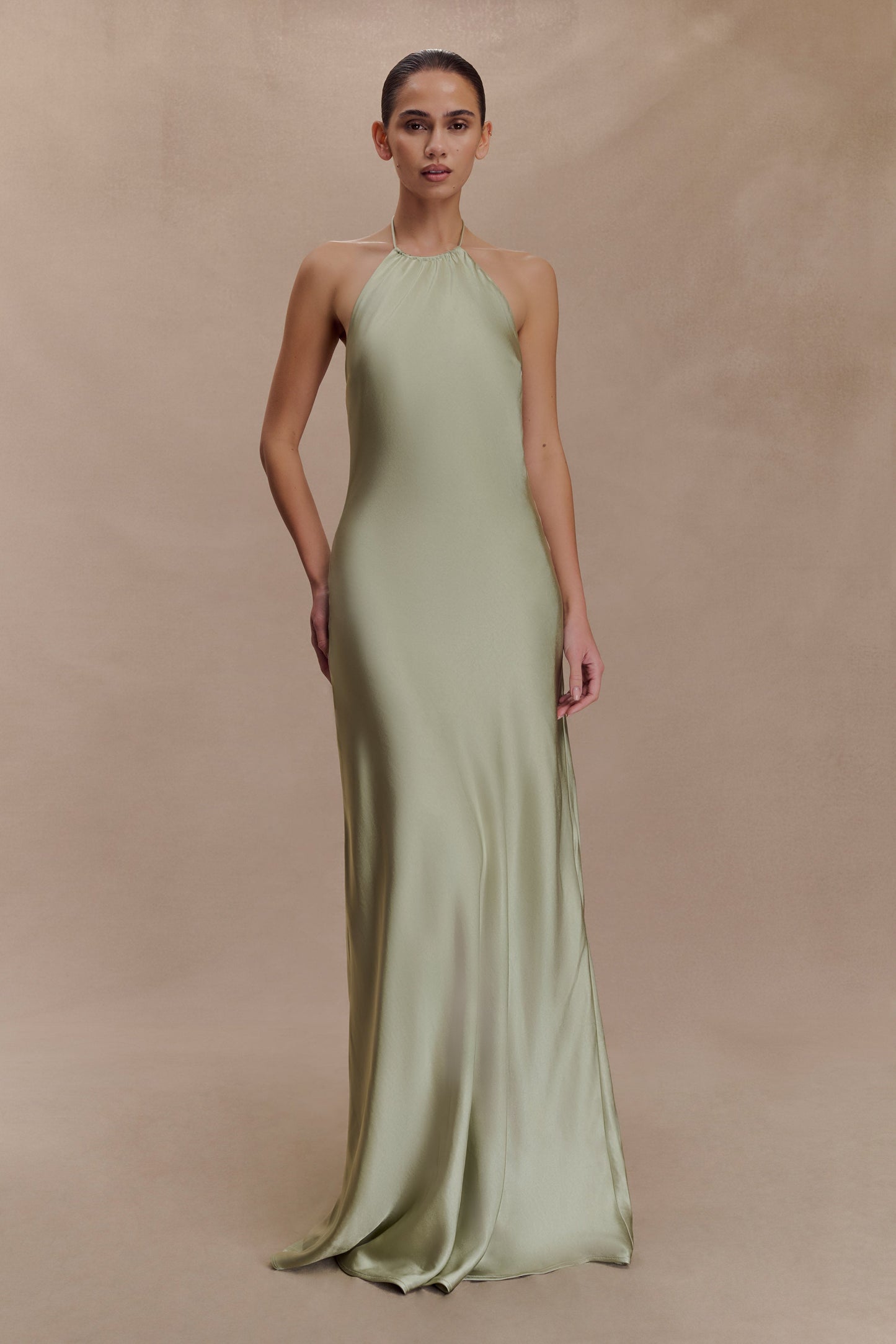 Bella Satin Halter Maxi Dress - Sage
