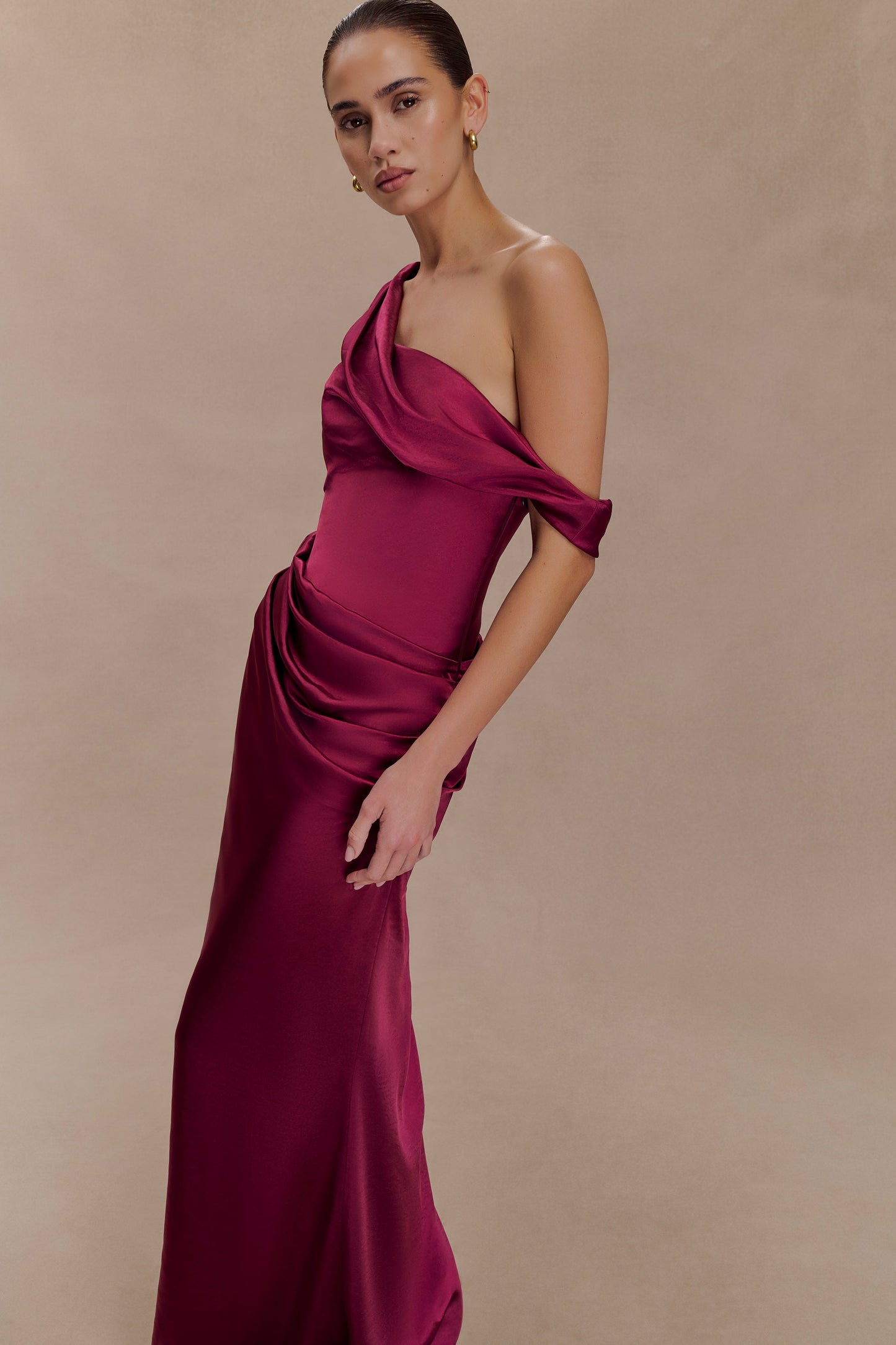 Dalia Off Shoulder Satin Maxi Dress - Mahogany