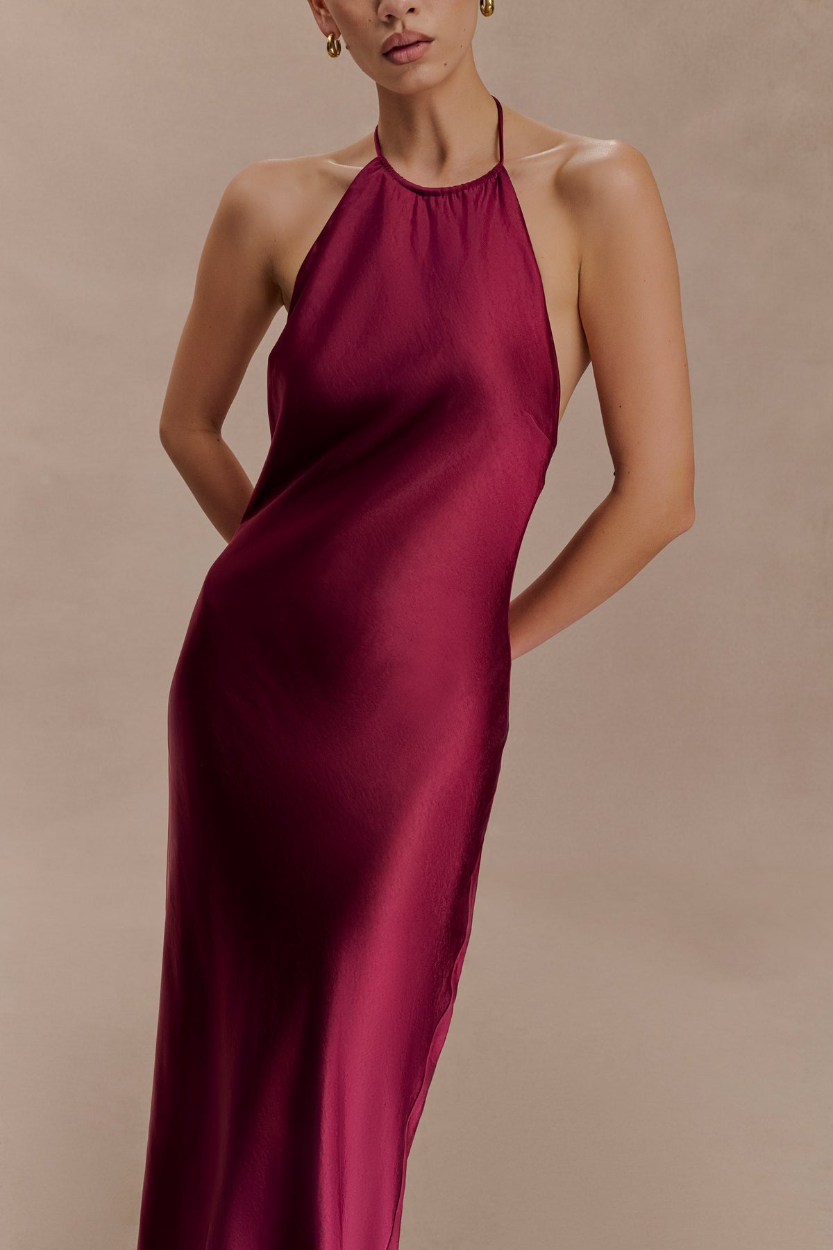 Bella Satin Halter Maxi Dress - Mahogany #6
