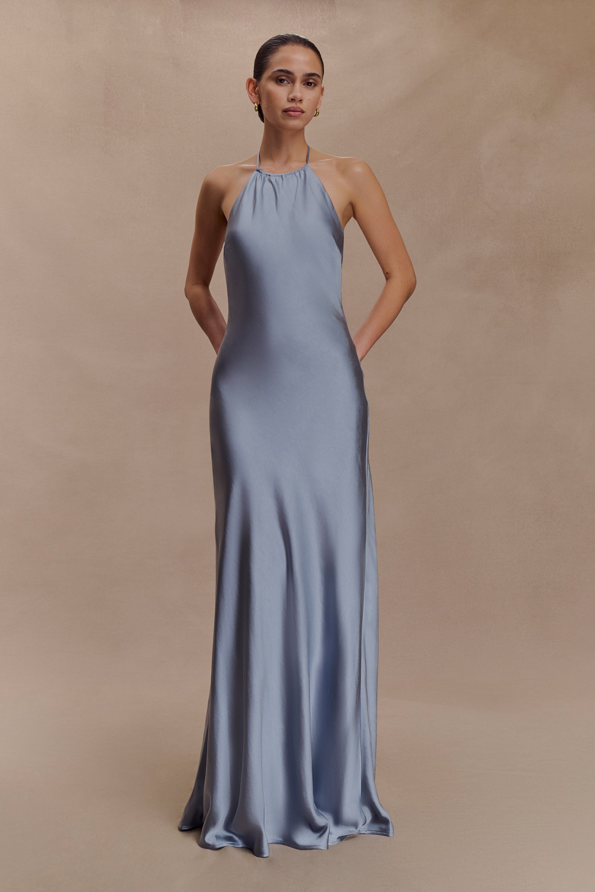 Bella Satin Halter Maxi Dress - Frosted Blue #2