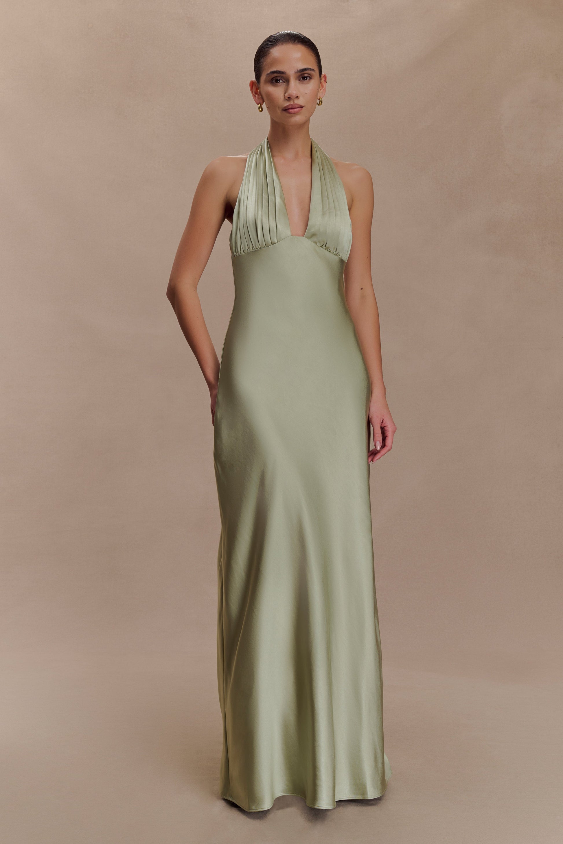 Alice Satin Halter Maxi Dress - Sage #3