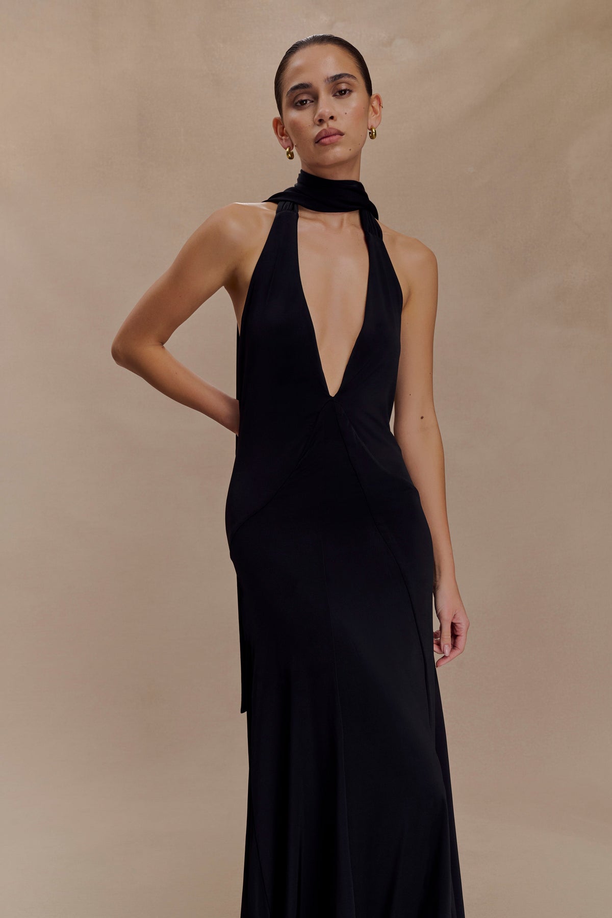 Juliet Slinky Maxi Dress With Scarf - Black