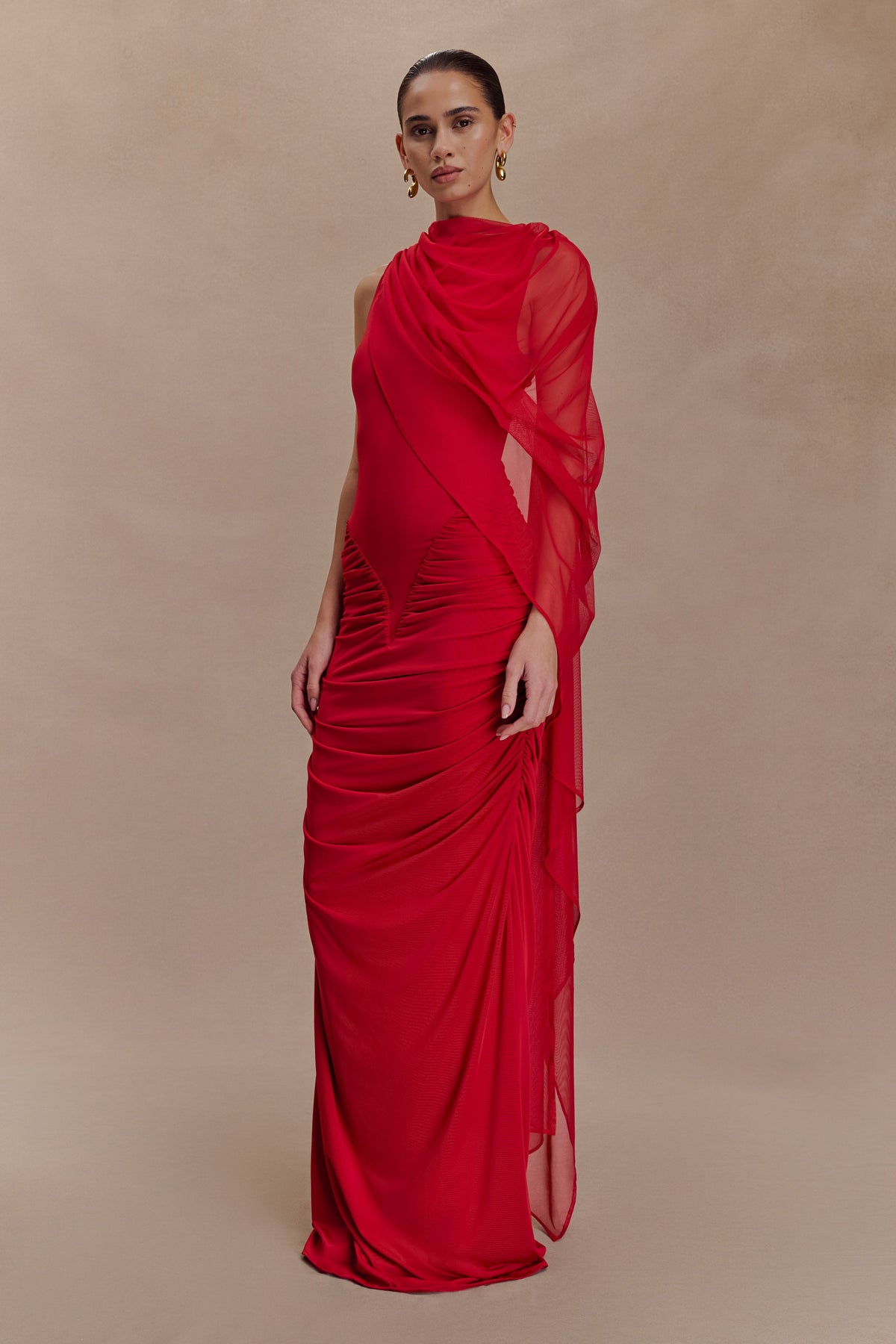 Amandine Ruched Slinky Maxi Dress - Ruby