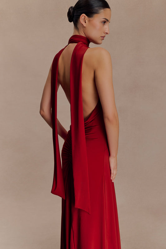 red backless dress uk Scarlet Red Linen Backless Maxi Dress Small