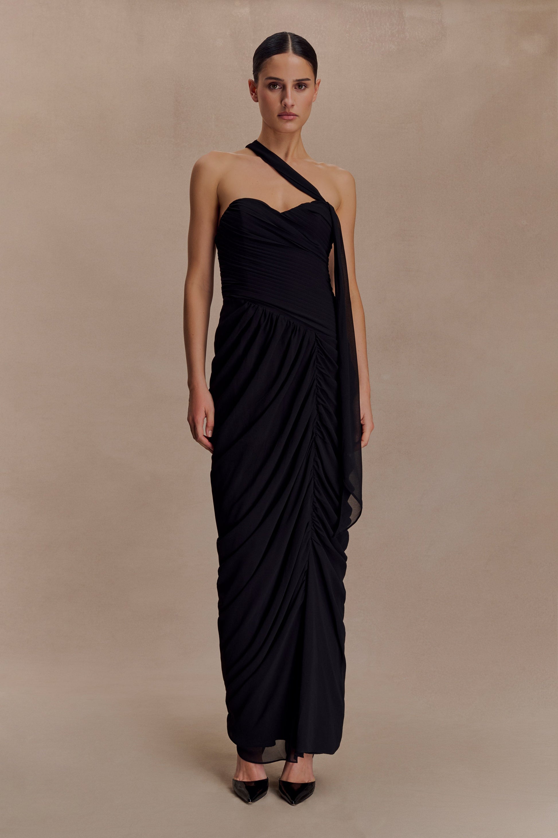 Micaela Chiffon Gathered Maxi Dress - Black