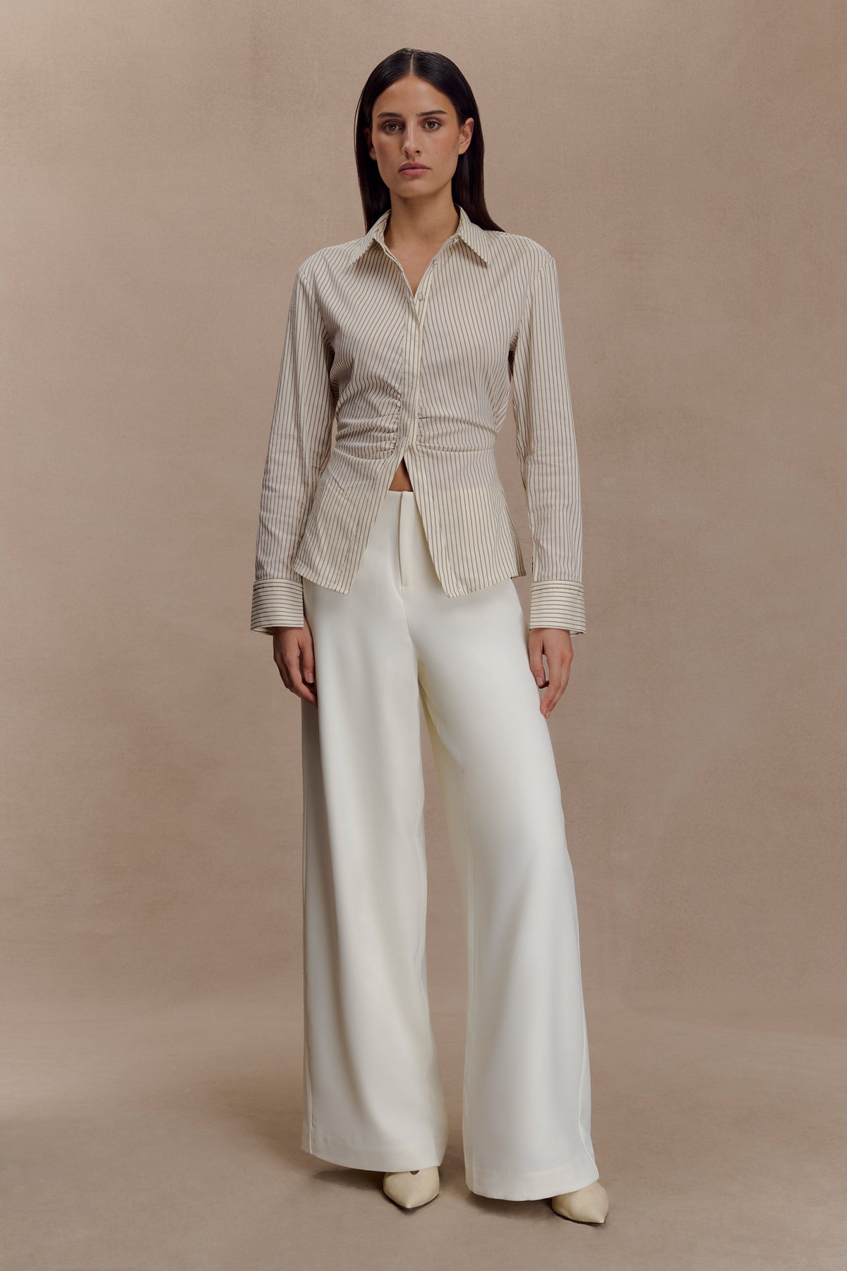 Millie Tie Back Cotton Shirt - Beige Pinstripe #7