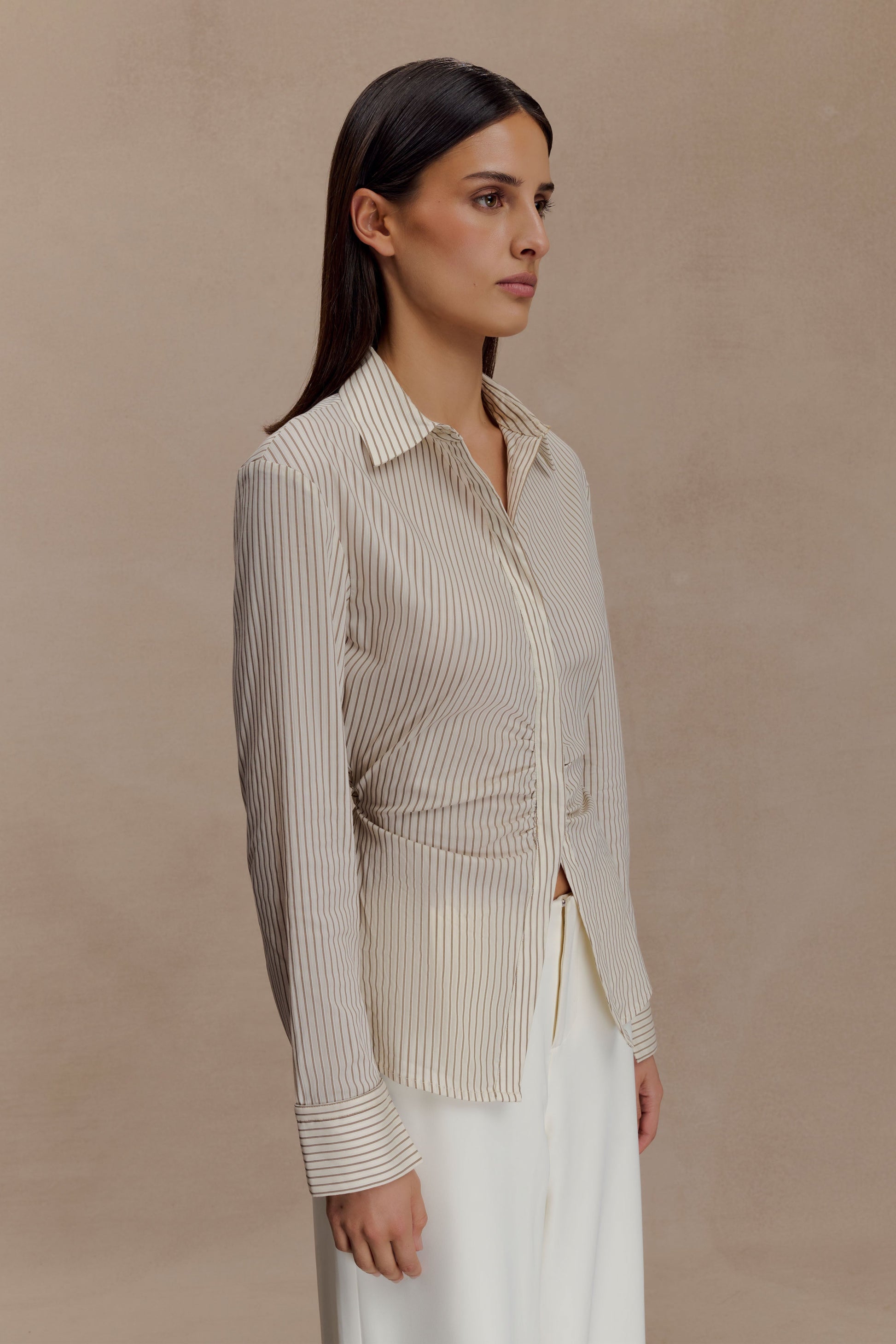 Millie Tie Back Cotton Shirt - Beige Pinstripe #4