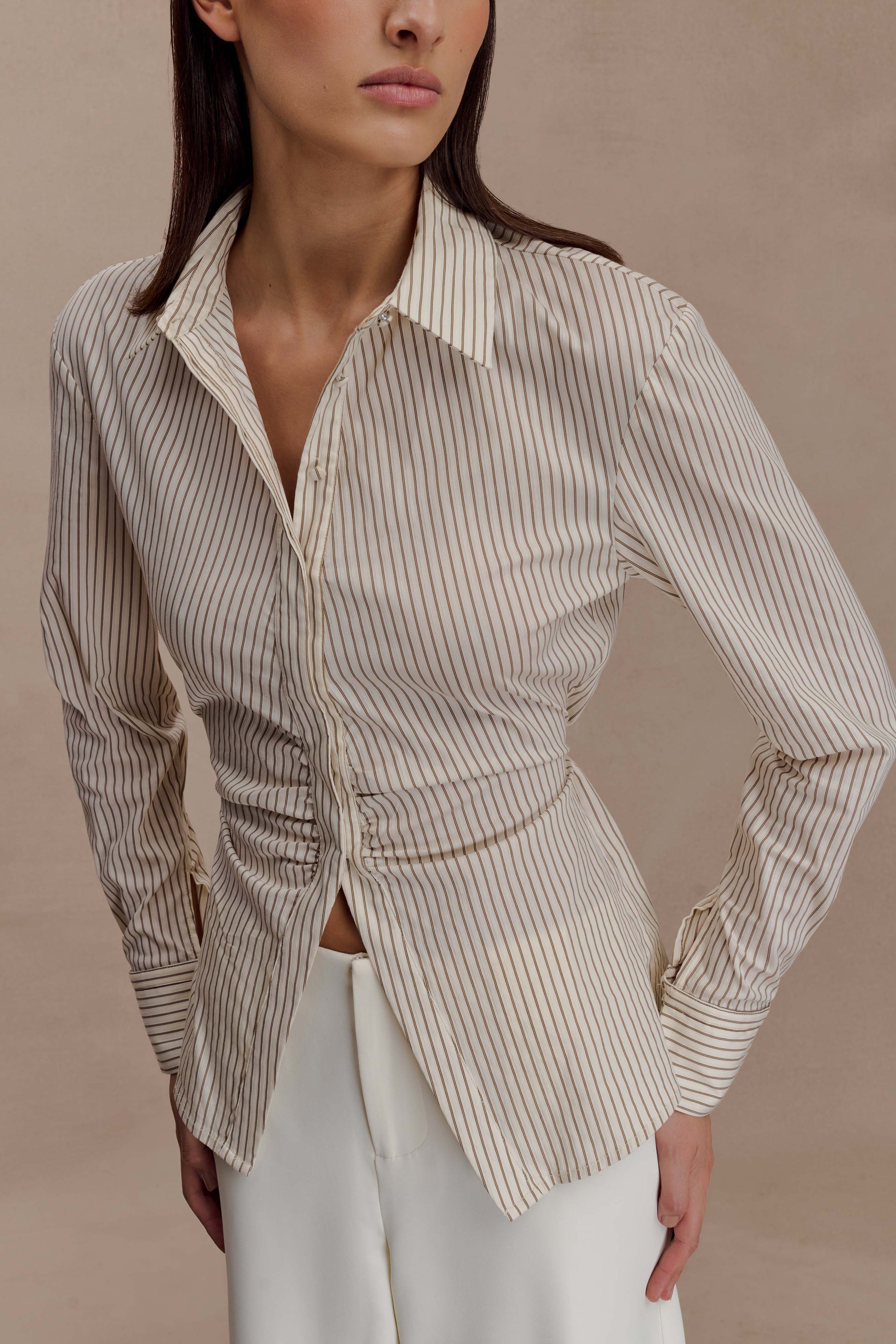 Millie Tie Back Cotton Shirt - Beige Pinstripe #3