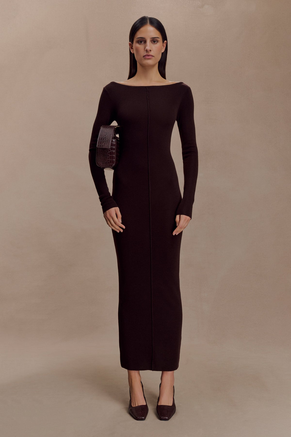 Cleona Merino Wool Ribbed Long Sleeve Maxi Dress - Deep Chocolate