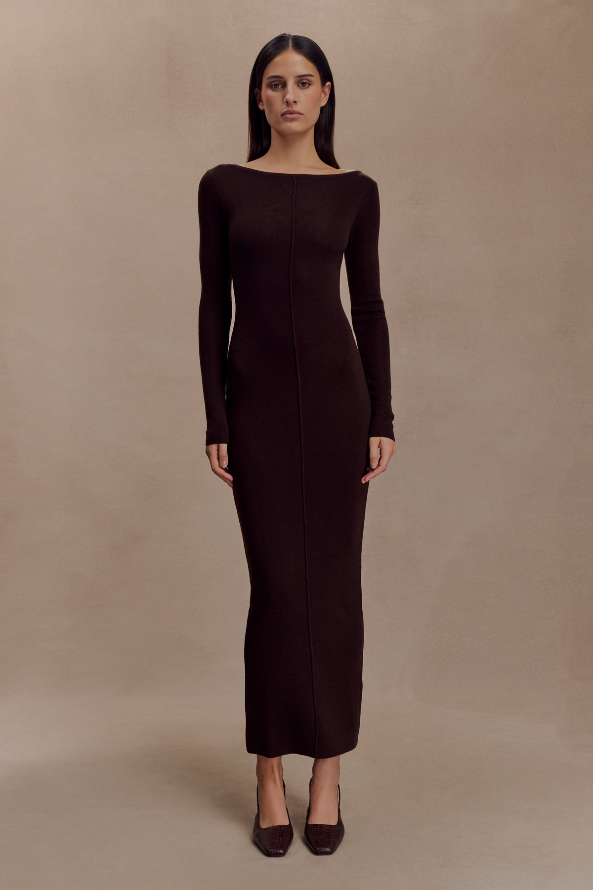 Cleona Merino Wool Ribbed Long Sleeve Maxi Dress - Deep Chocolate #5