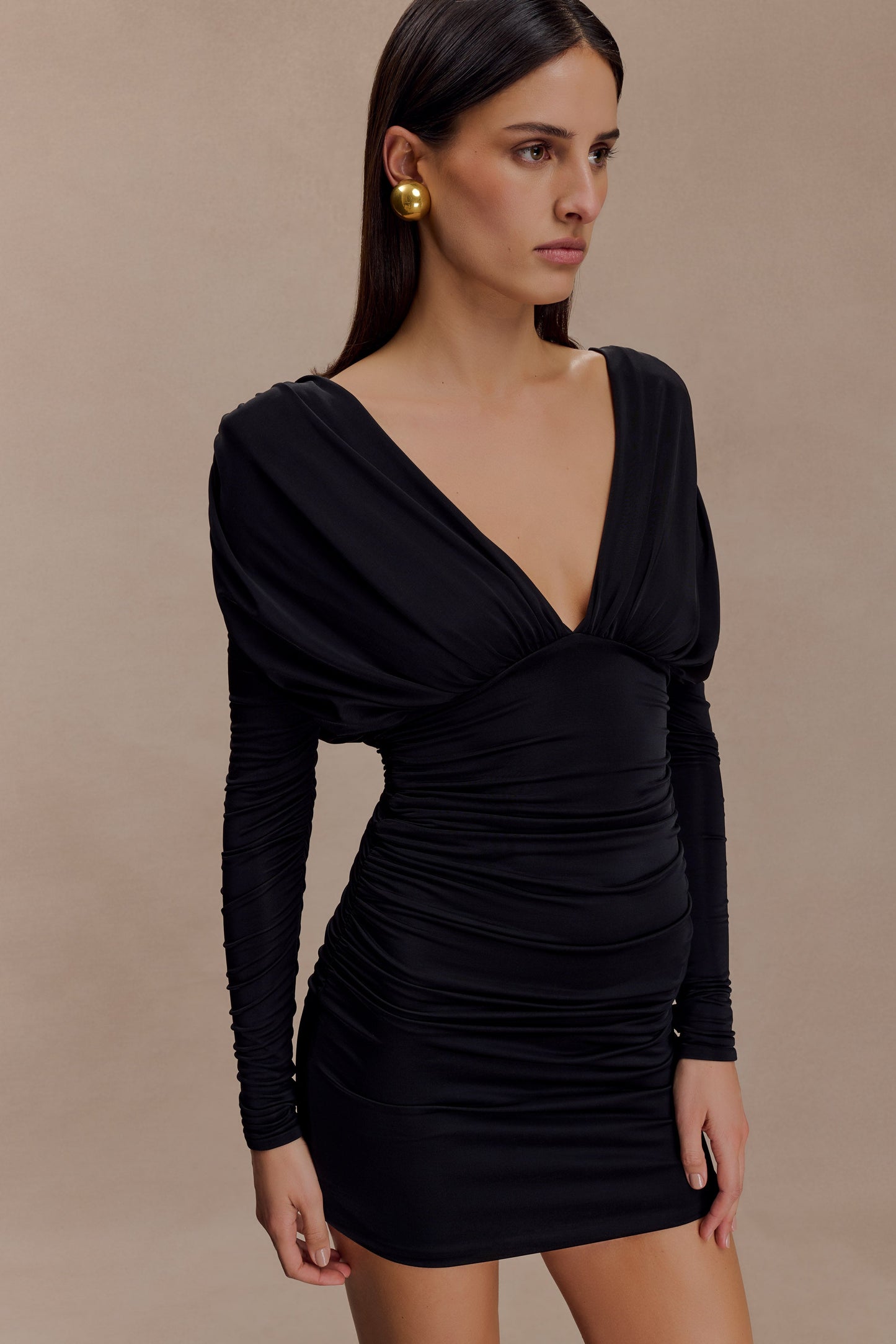 Hayden Long Sleeve Plunge Mini Dress - Black