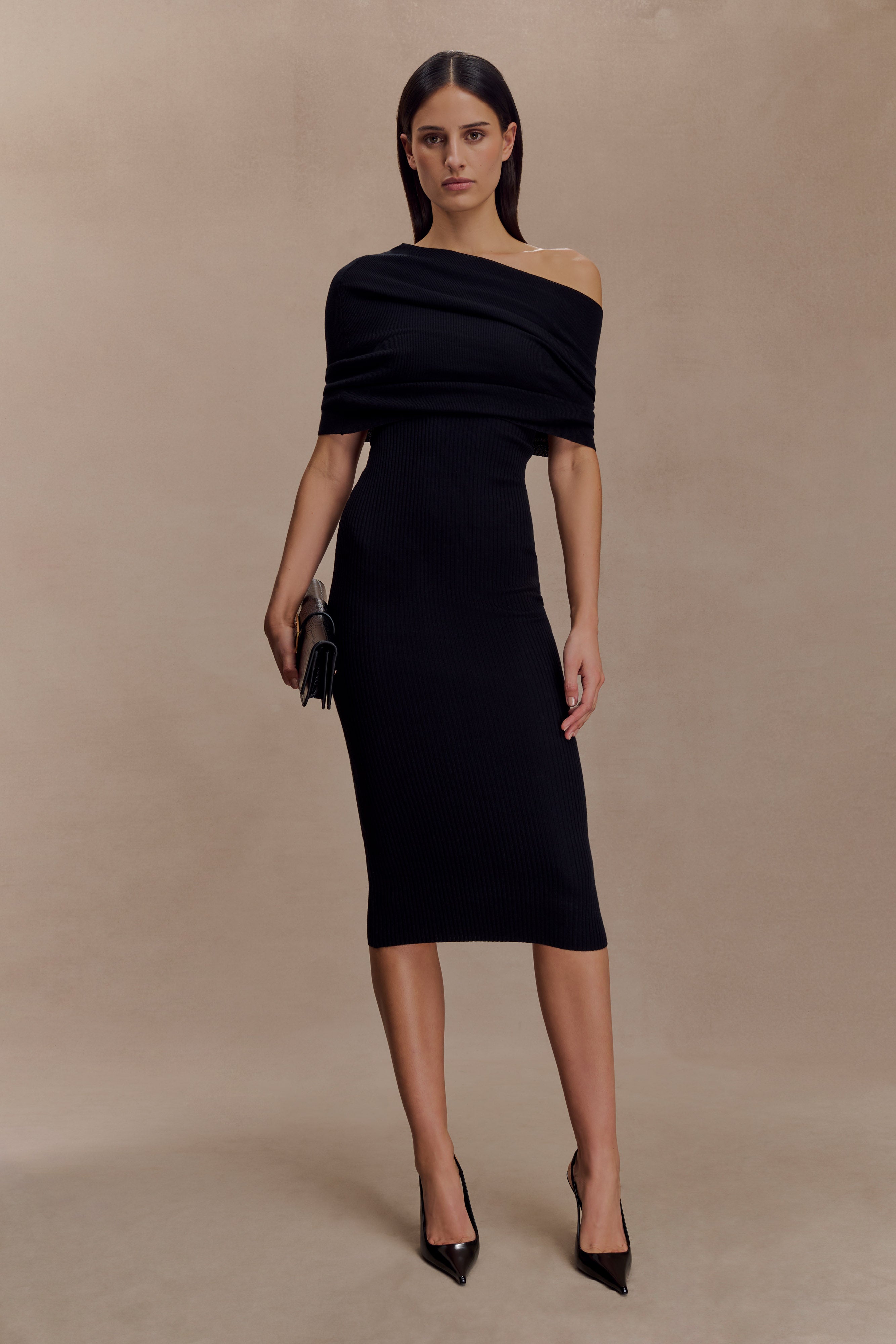 Zandie Cashmere Blend Knit Midi Dress - Black | MESHKI UK