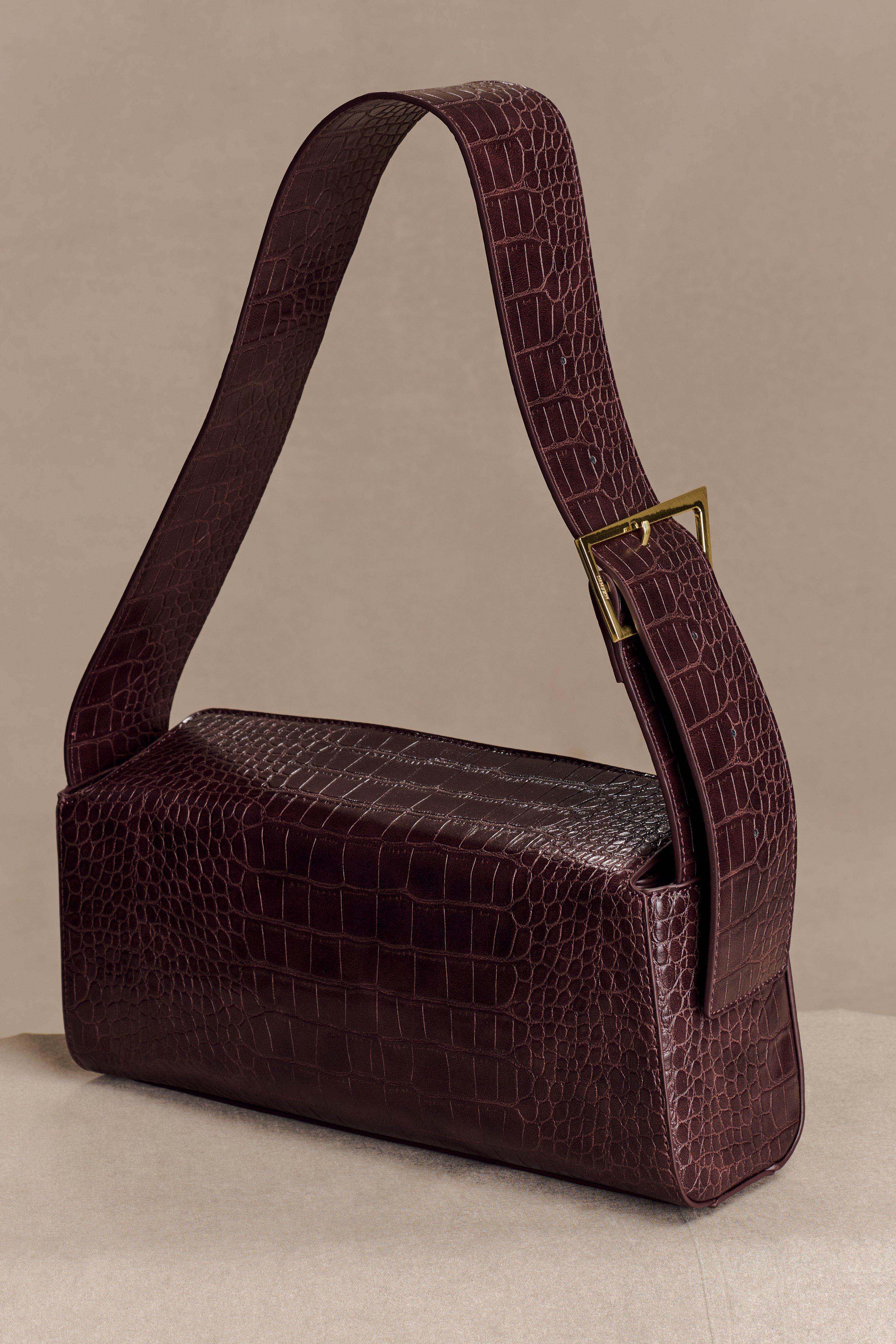 Maria Faux Leather Crocodile Shoulder Bag - Chocolate | MESHKI UK