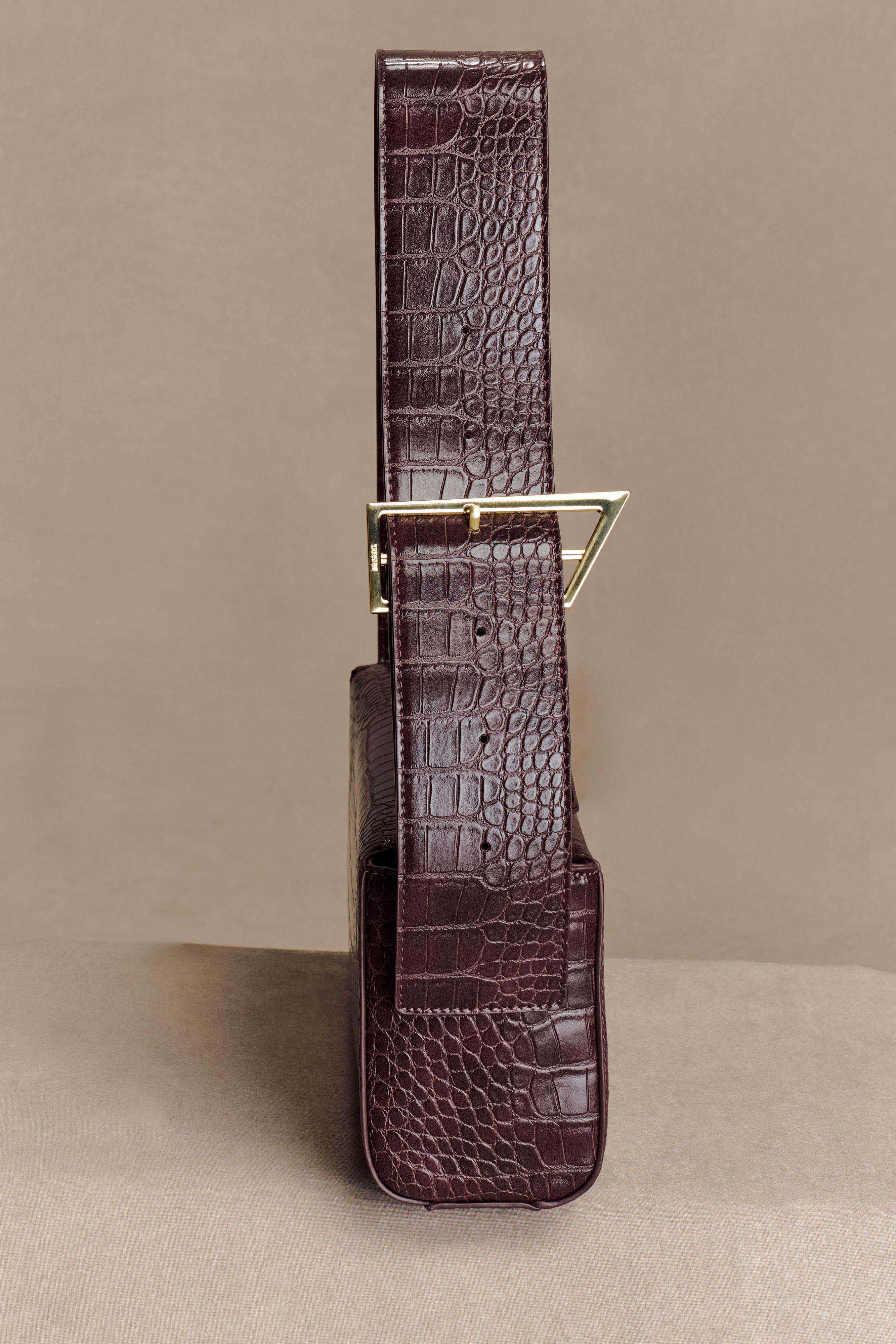 Maria Faux Leather Crocodile Shoulder Bag - Chocolate | MESHKI UK