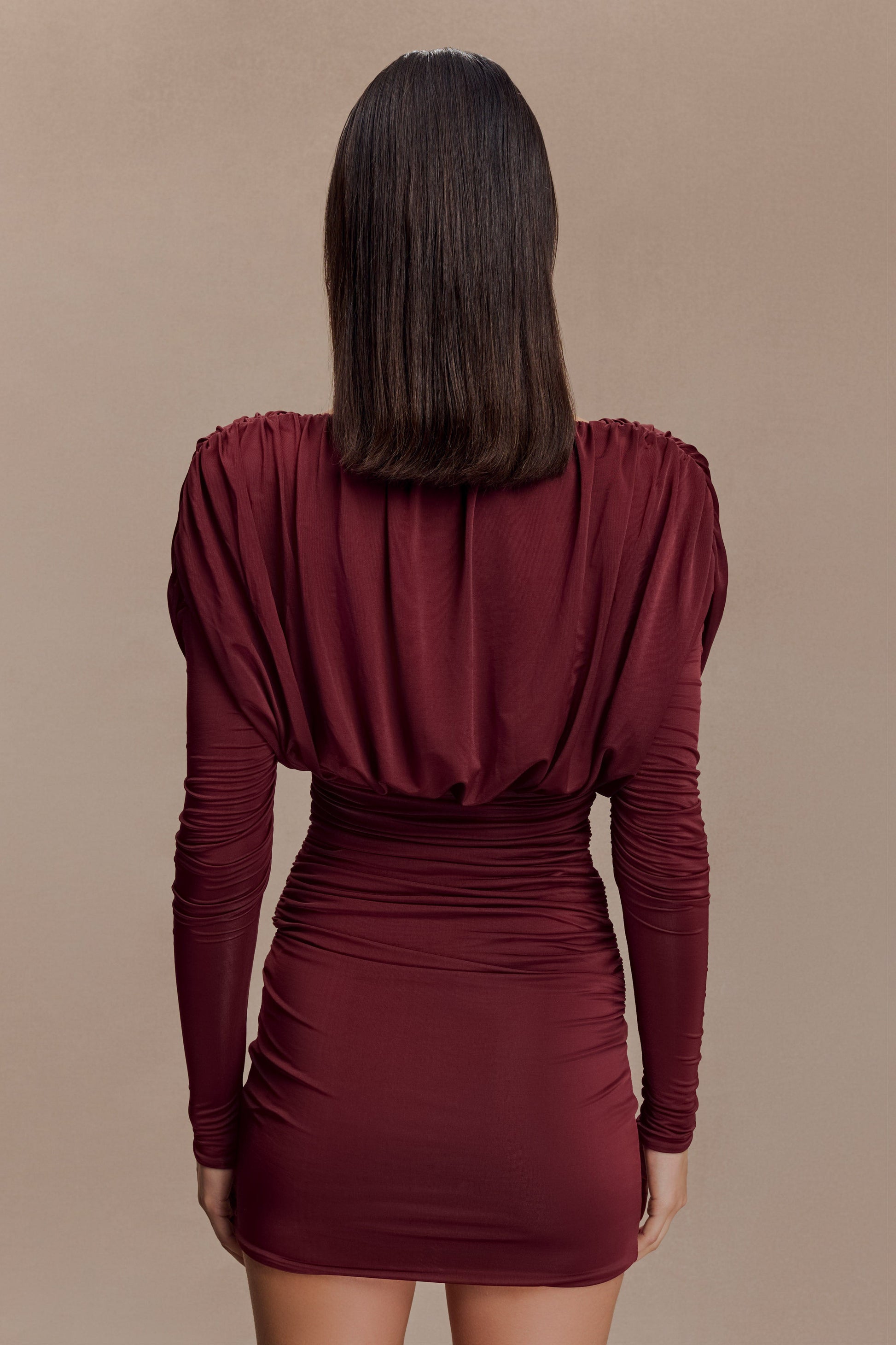 Hayden Long Sleeve Plunge Mini Dress - Burgundy #5