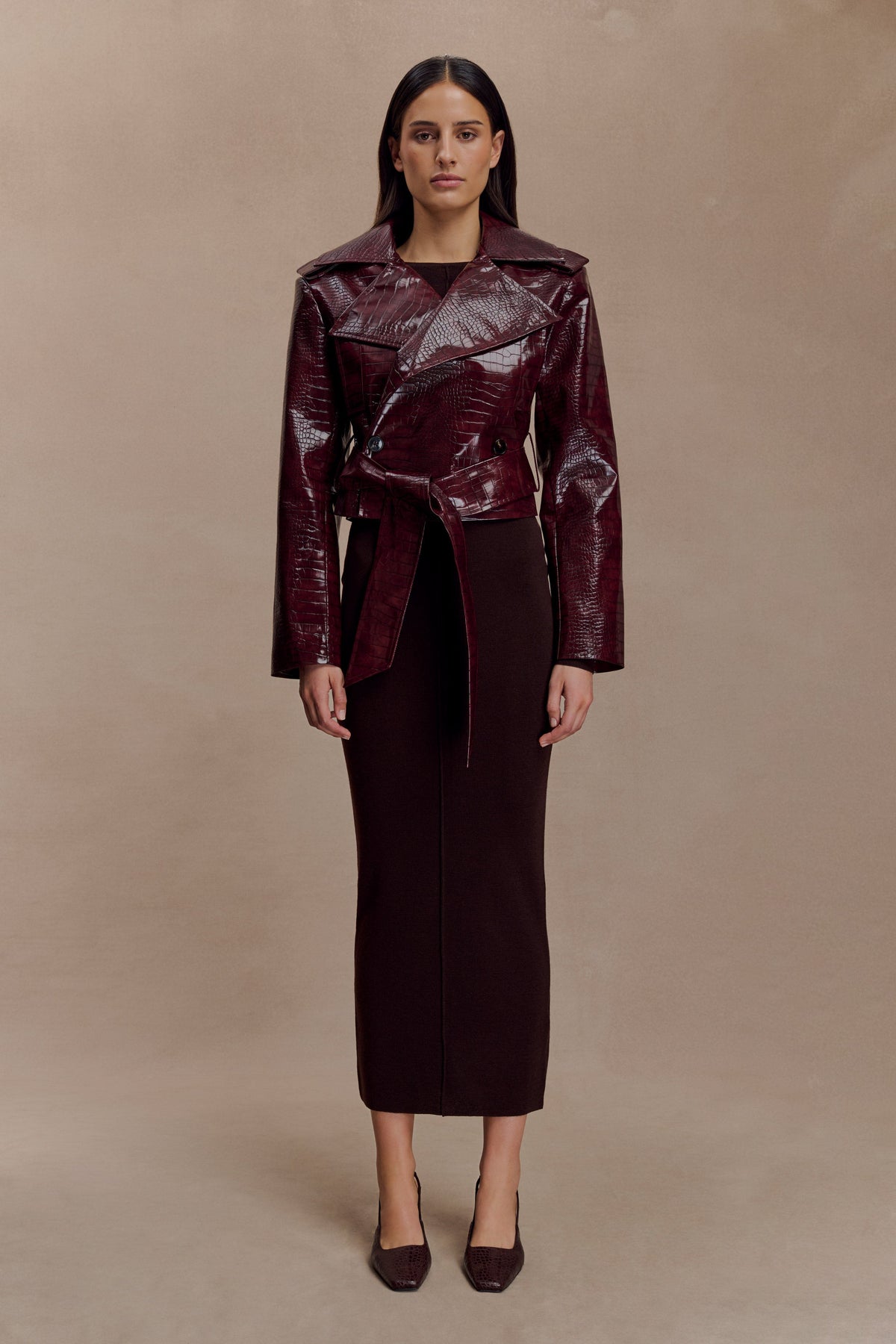 Archie Croc Faux Leather Cropped Jacket - Burgundy #8