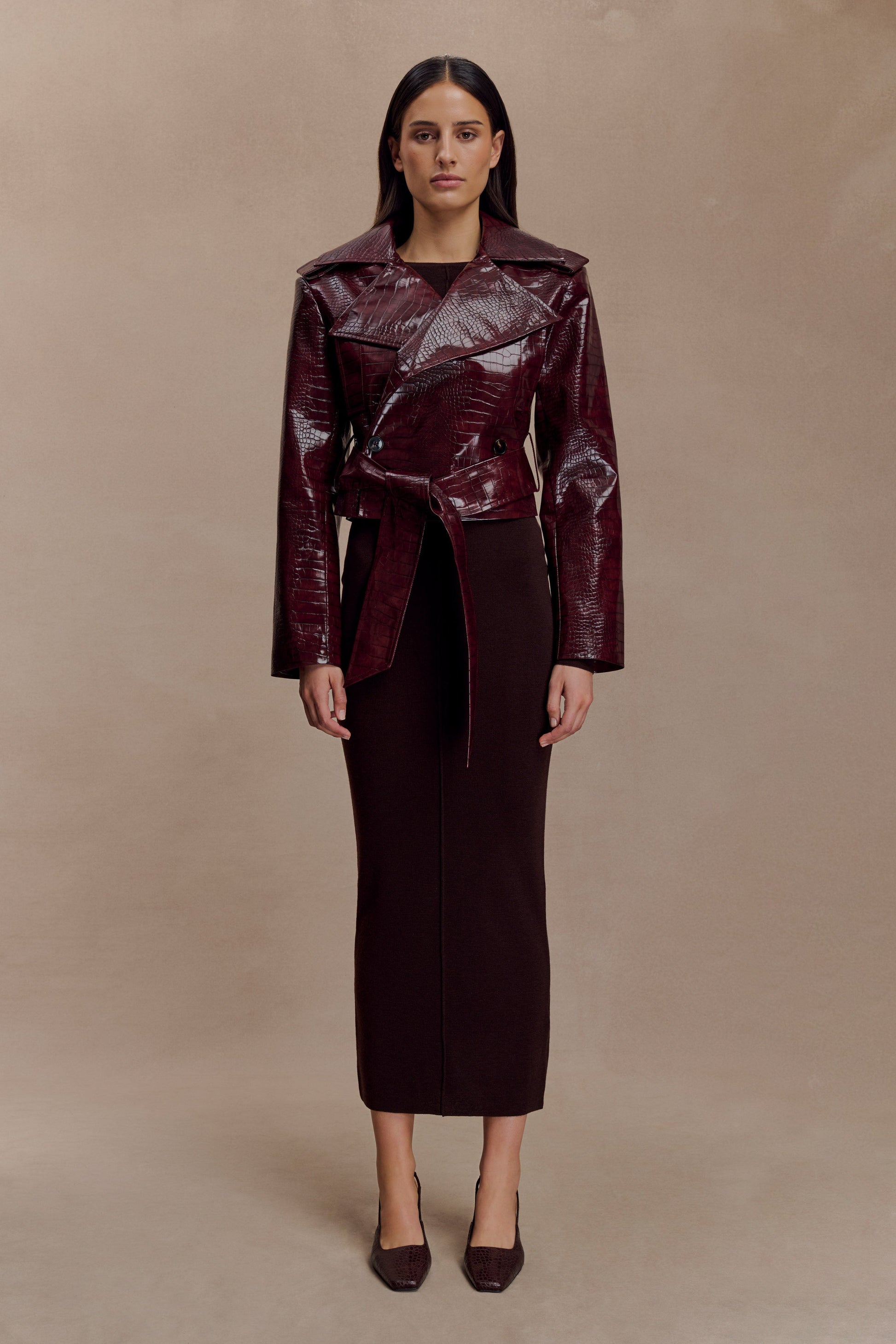 Archie Croc Faux Leather Cropped Jacket - Burgundy #8