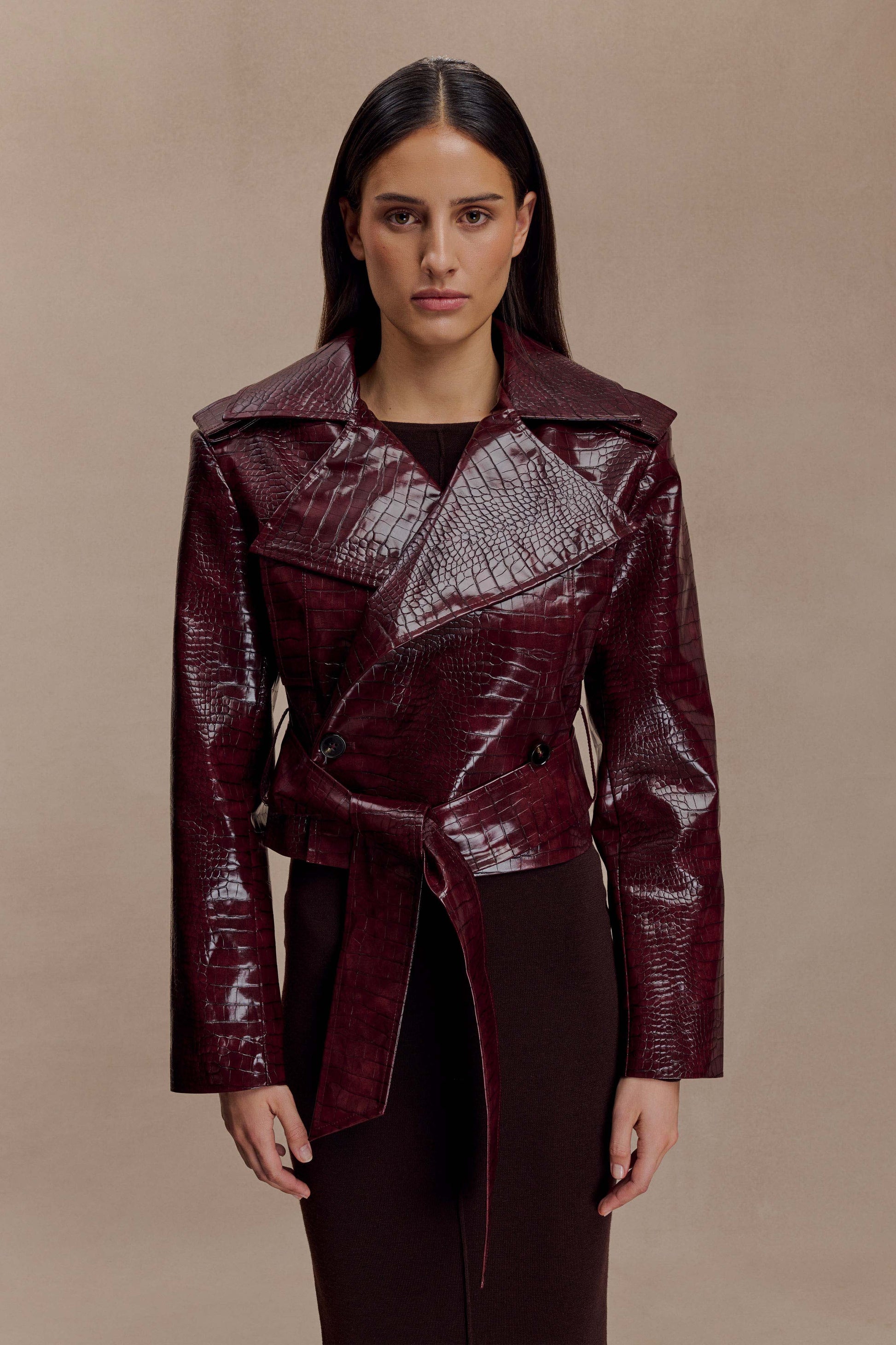 Archie Croc Faux Leather Cropped Jacket - Burgundy #2