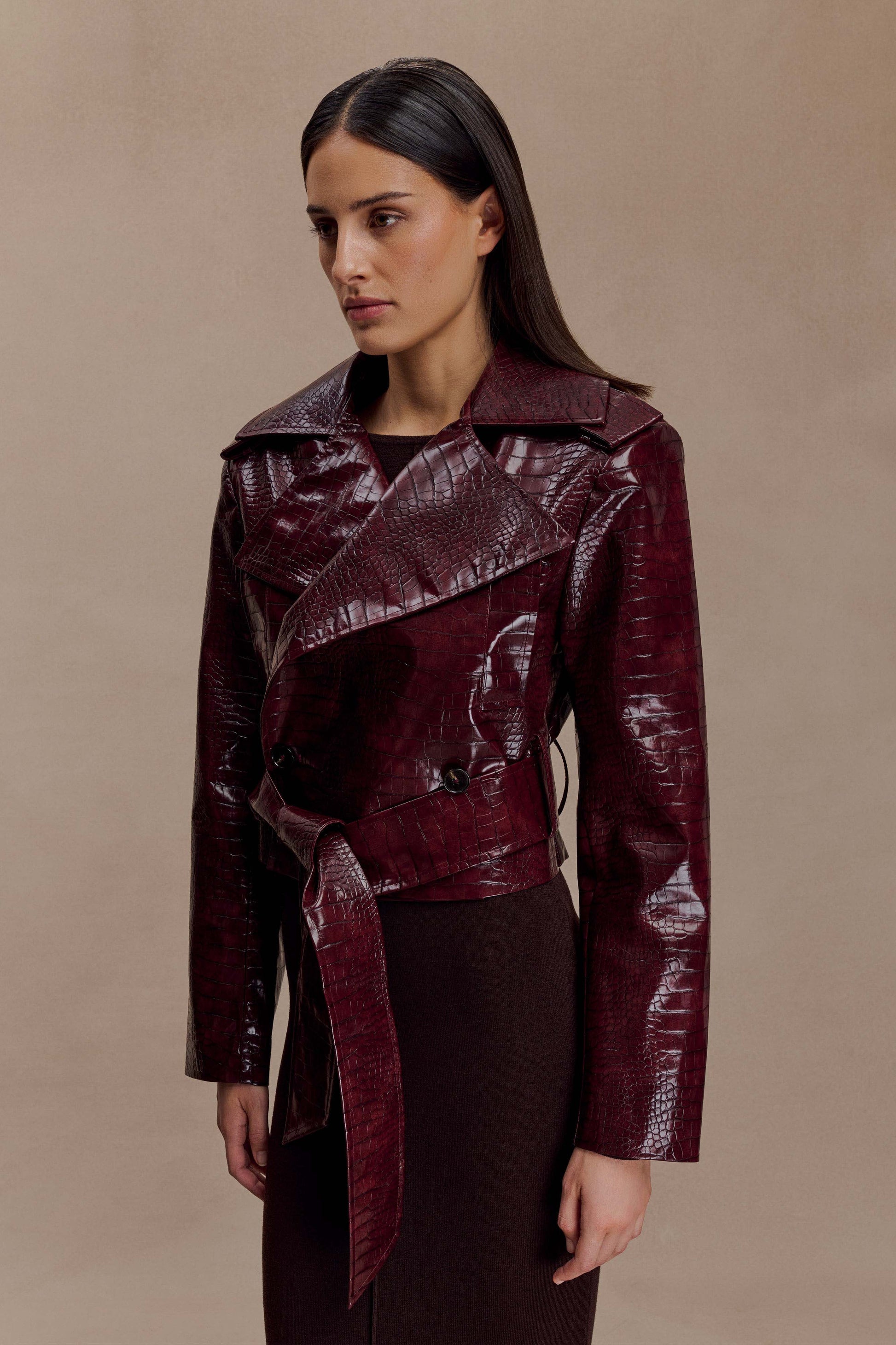 Archie Croc Faux Leather Cropped Jacket - Burgundy #4