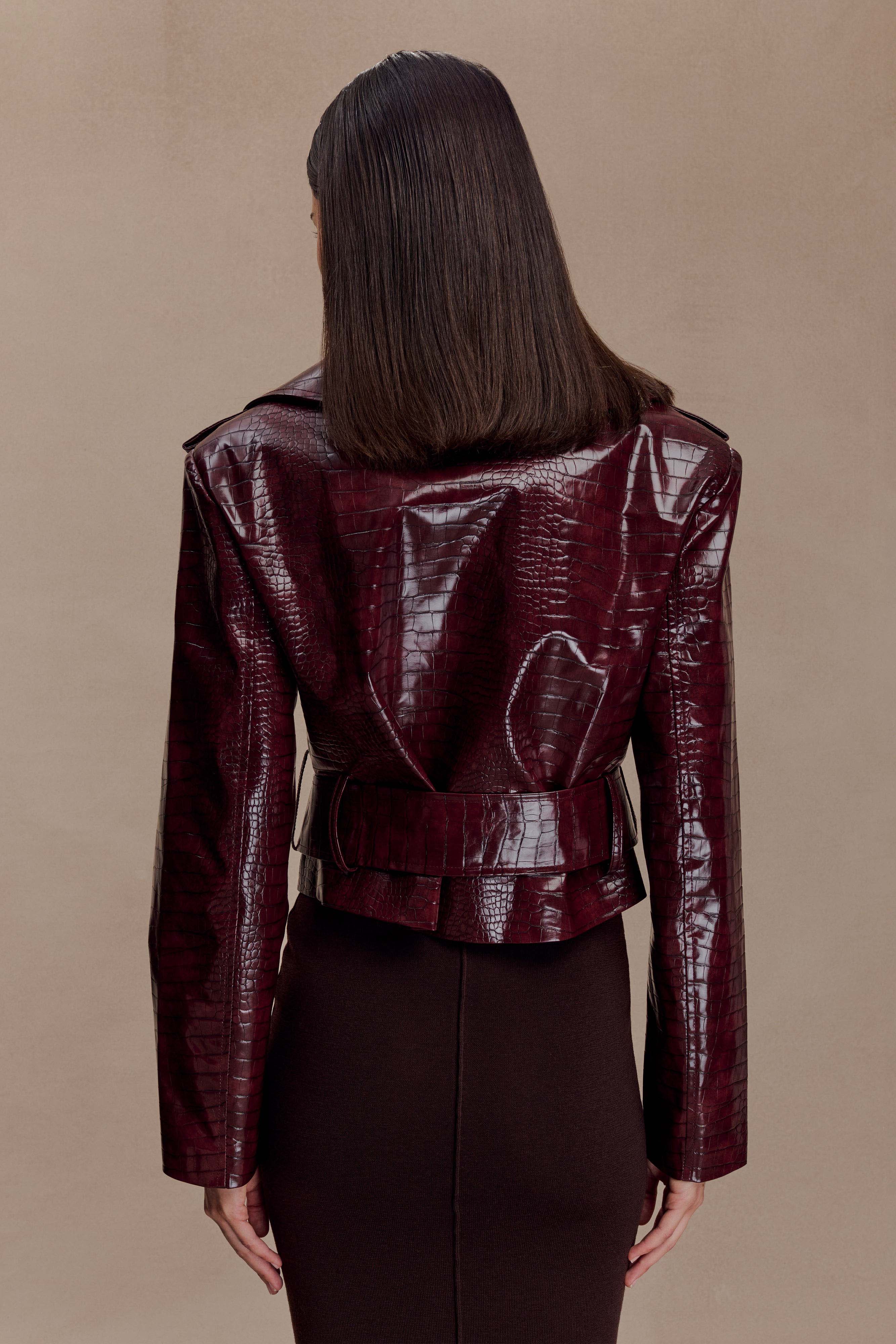 Archie Croc Faux Leather Cropped Jacket - Burgundy | MESHKI UK
