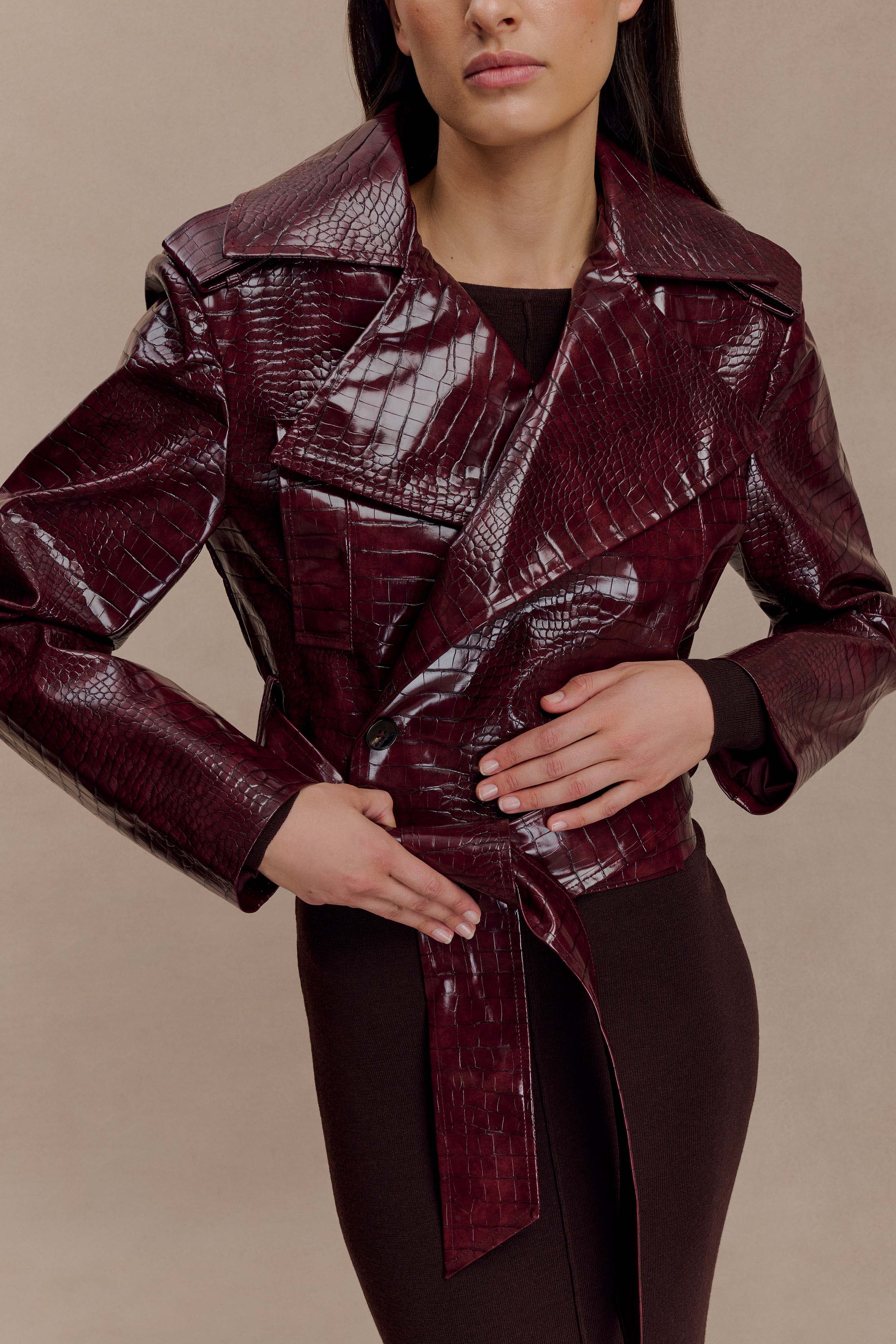 Archie Croc Faux Leather Cropped Jacket - Burgundy | MESHKI UK