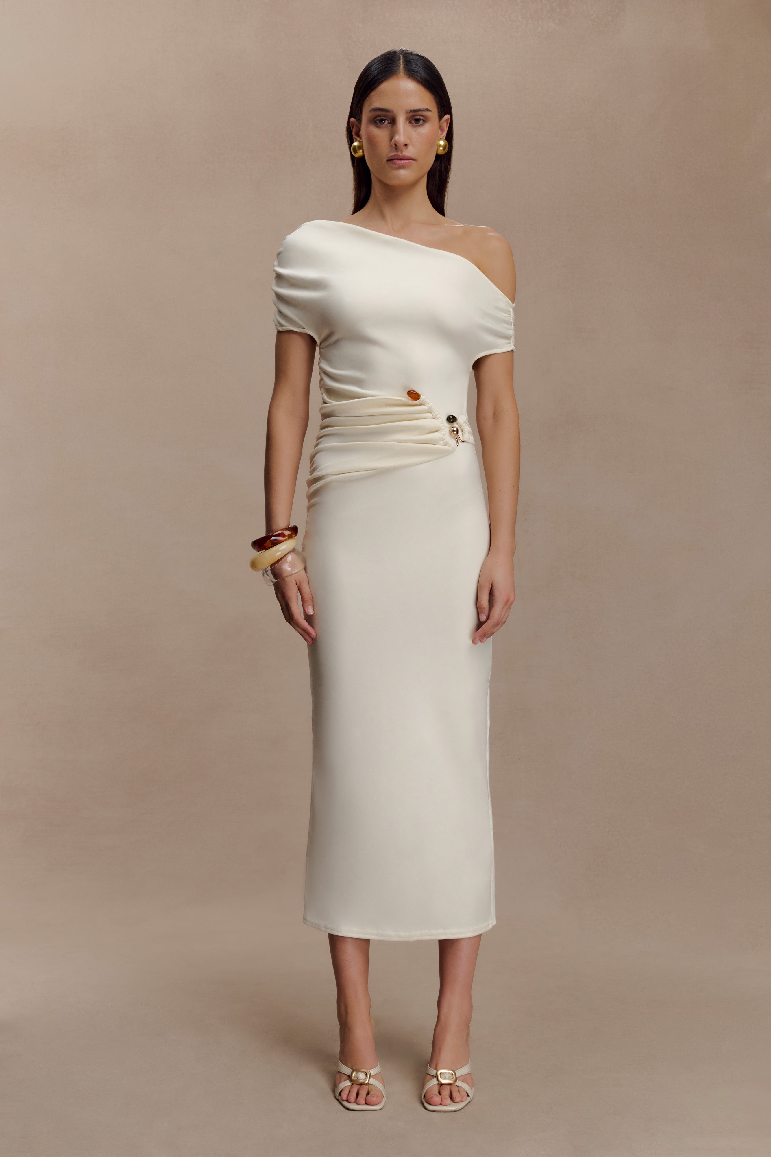 Kendra Scuba Jersey Midi Dress With Hardware - Ivory | MESHKI UK