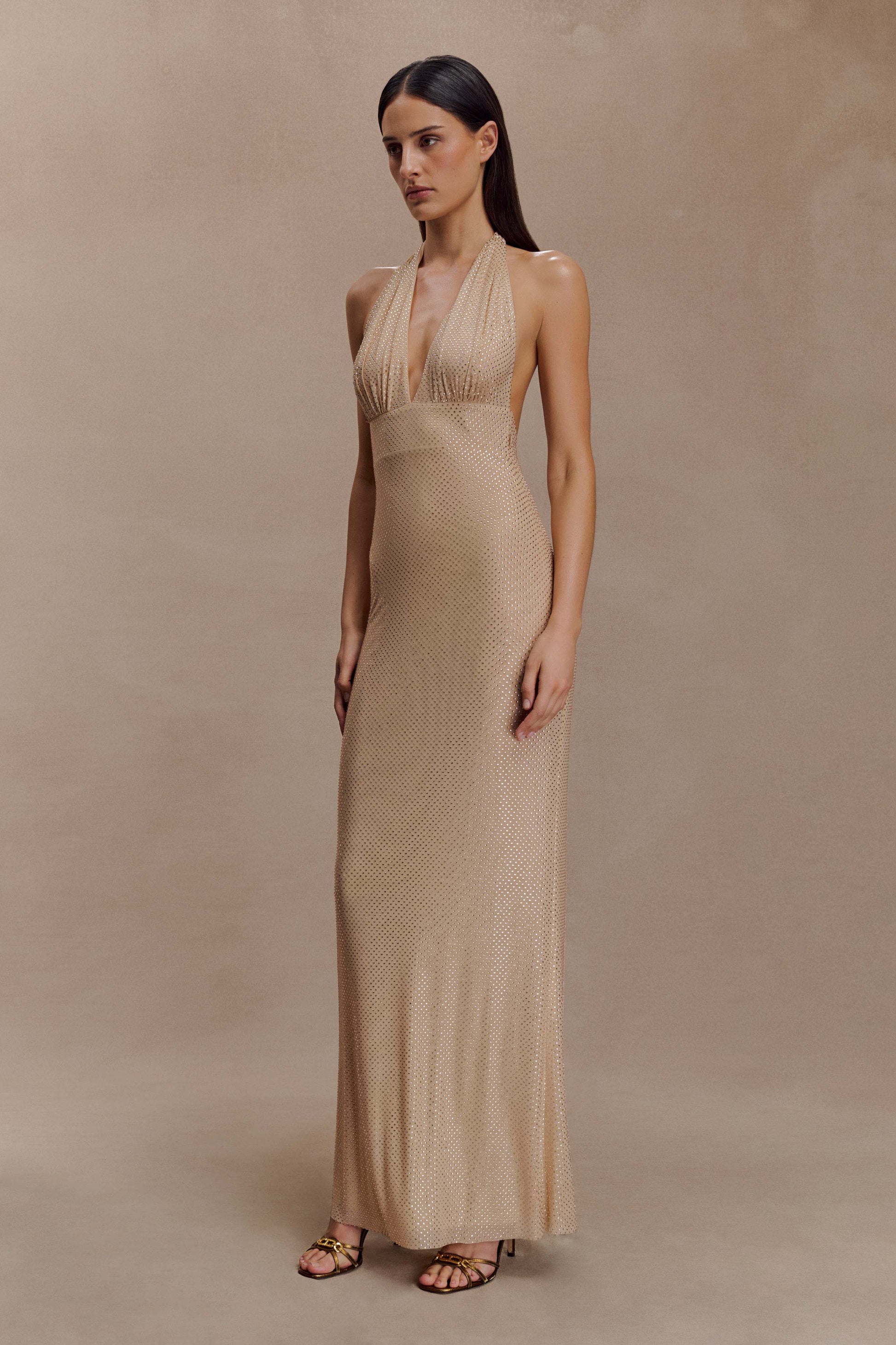 Harriet Halter Neck Diamante Maxi Dress - Sandy Gold #5