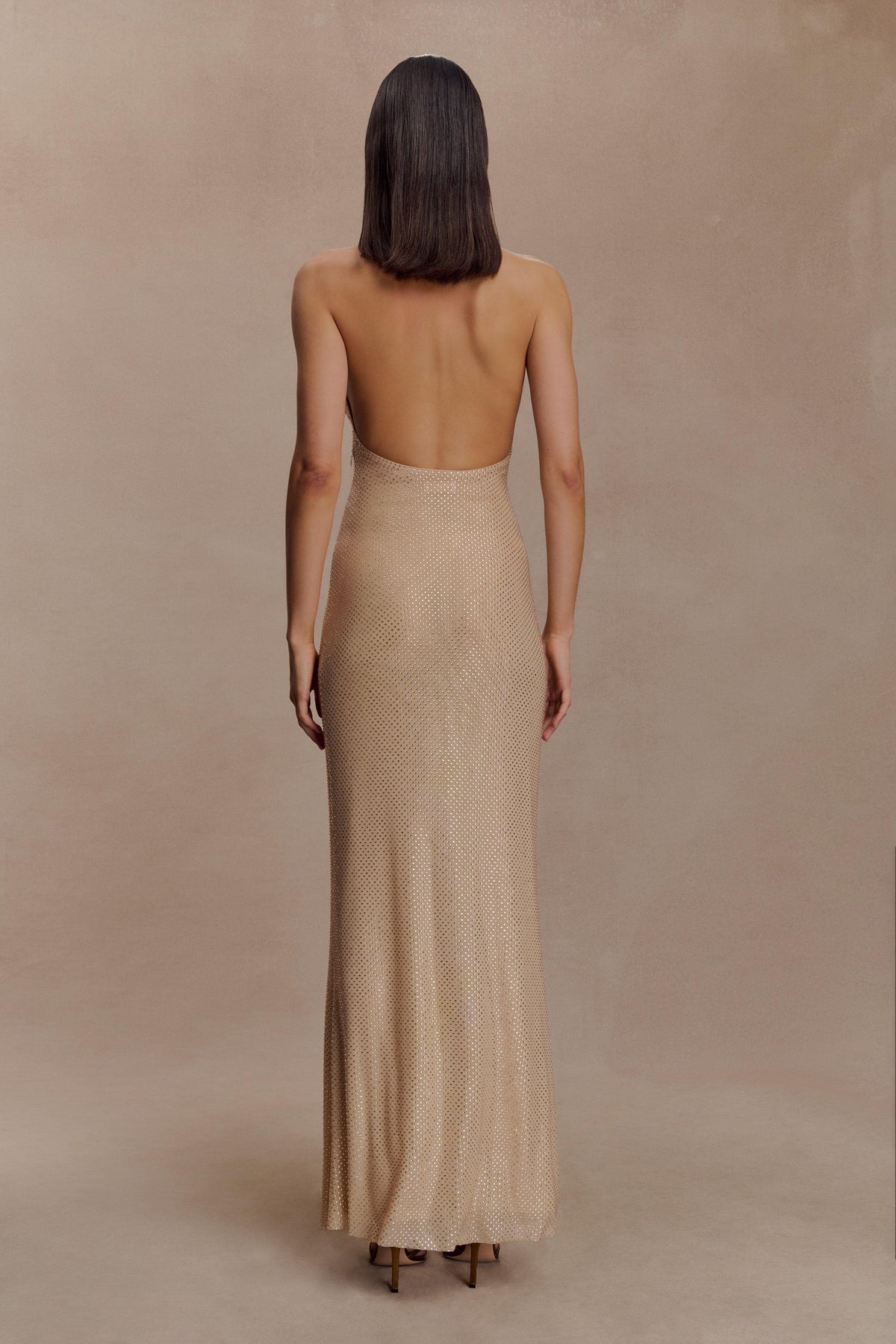 Harriet Halter Neck Diamante Maxi Dress - Sandy Gold
