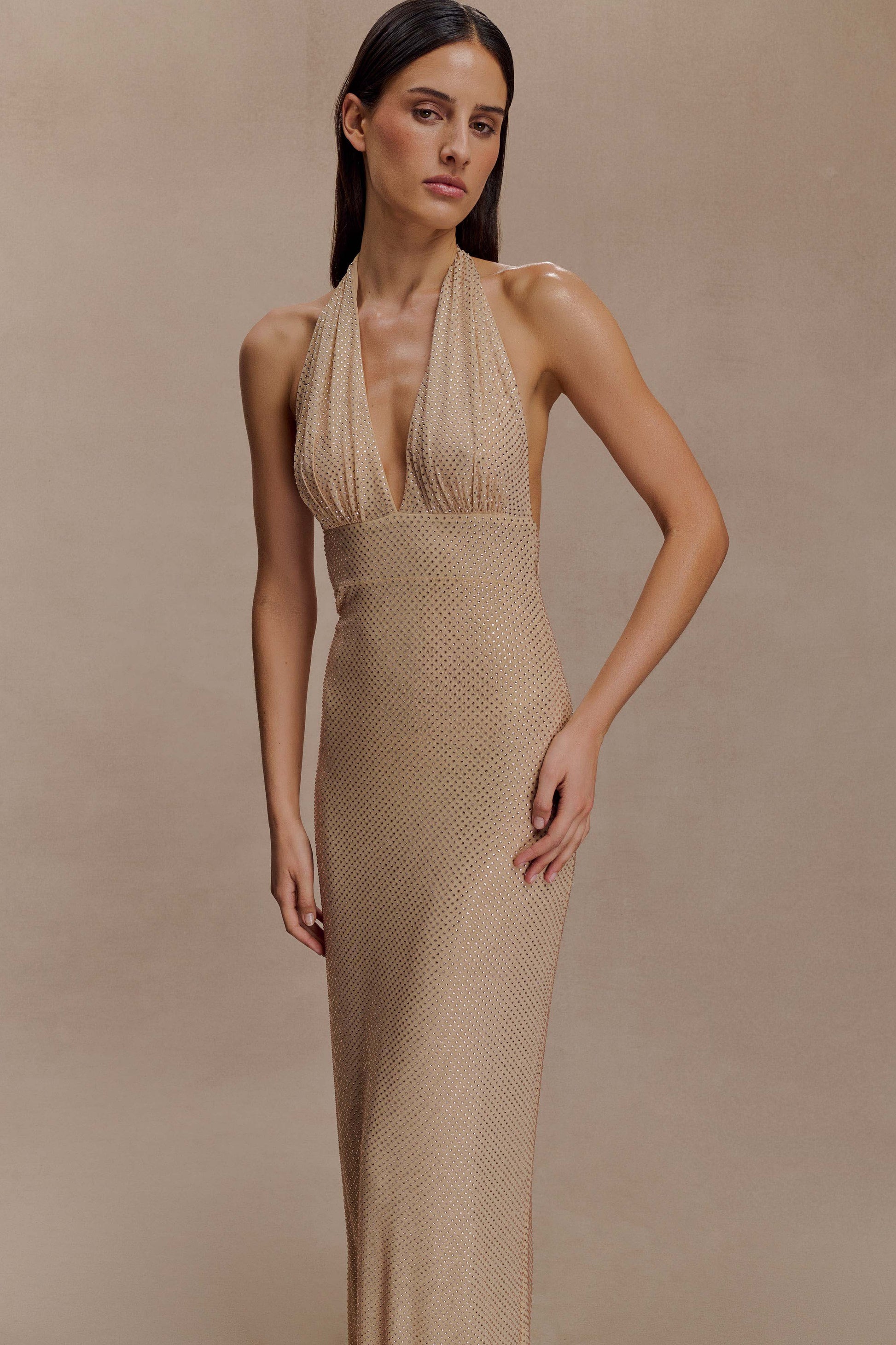 Harriet Halter Neck Diamante Maxi Dress - Sandy Gold #8