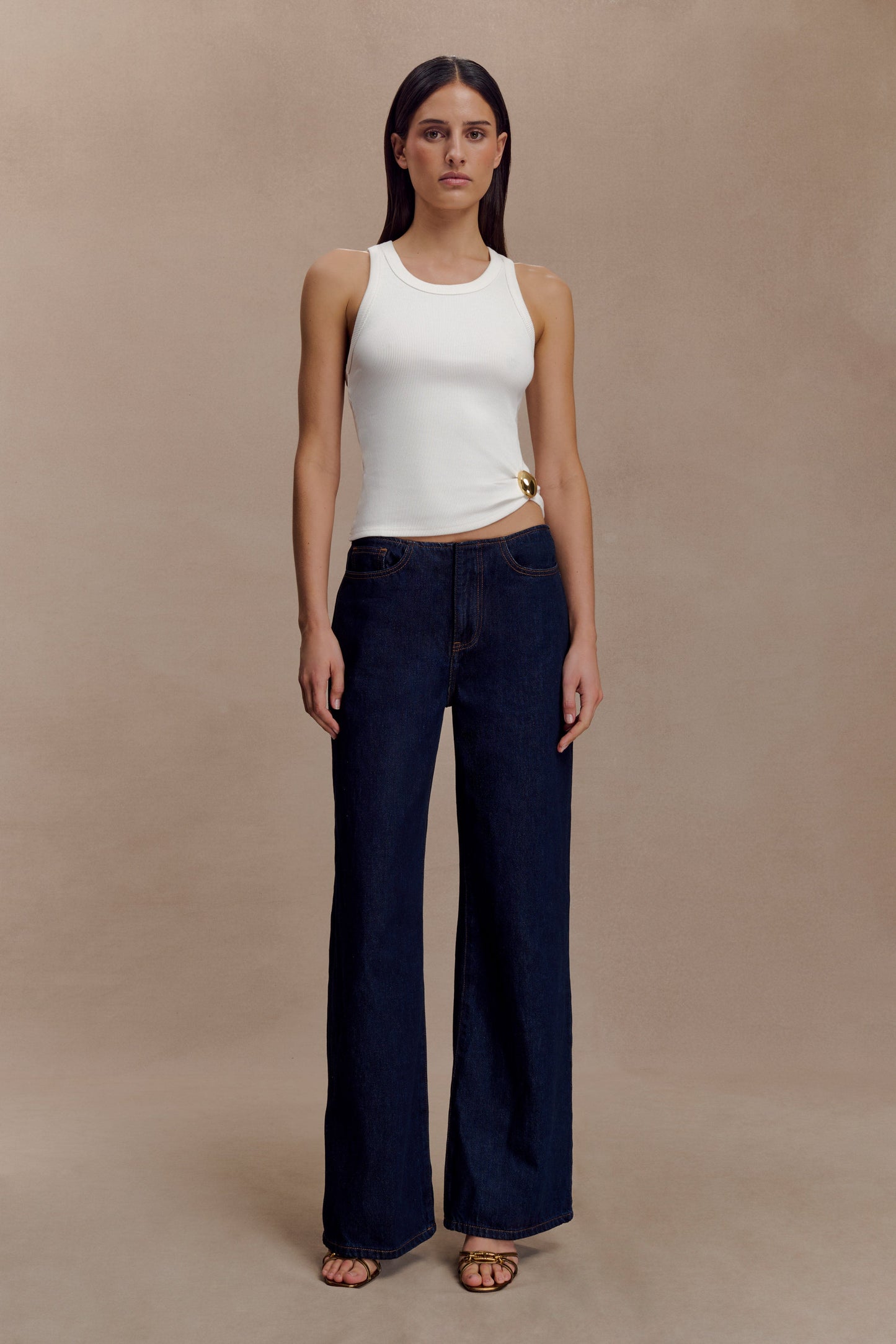 Lola Ribbed Sleeveless Top With Hardware - White