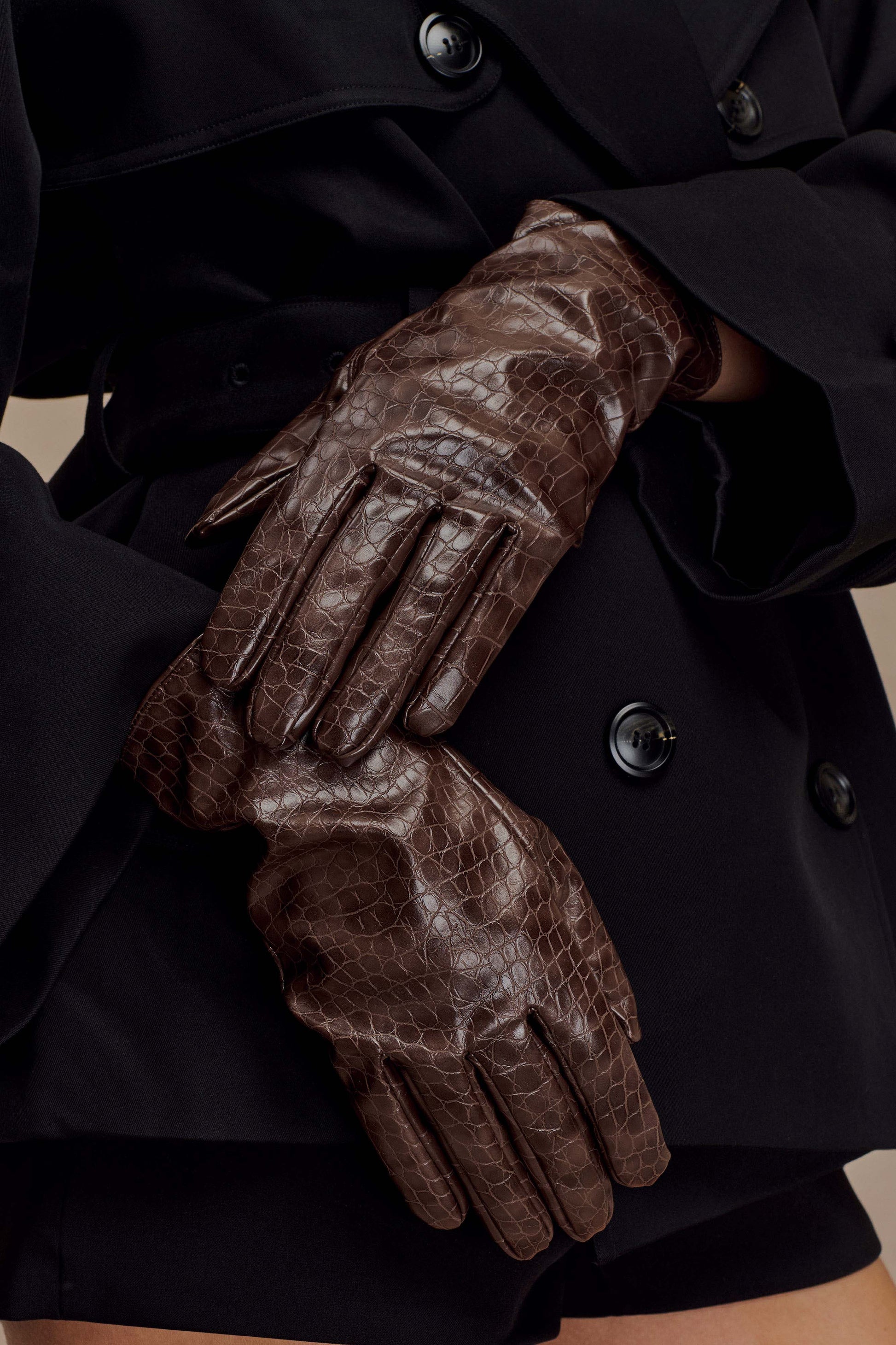 Atlas Faux Leather Crocodile Gloves - Chocolate #2