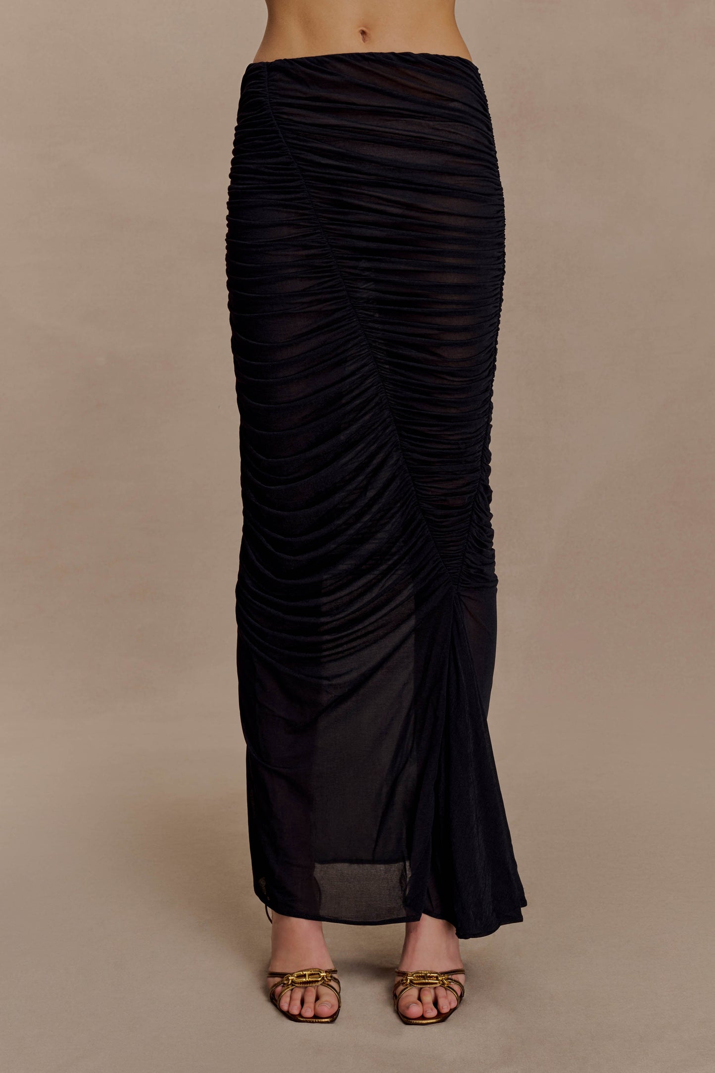 Matilda Ruched Mesh Maxi Skirt - Black