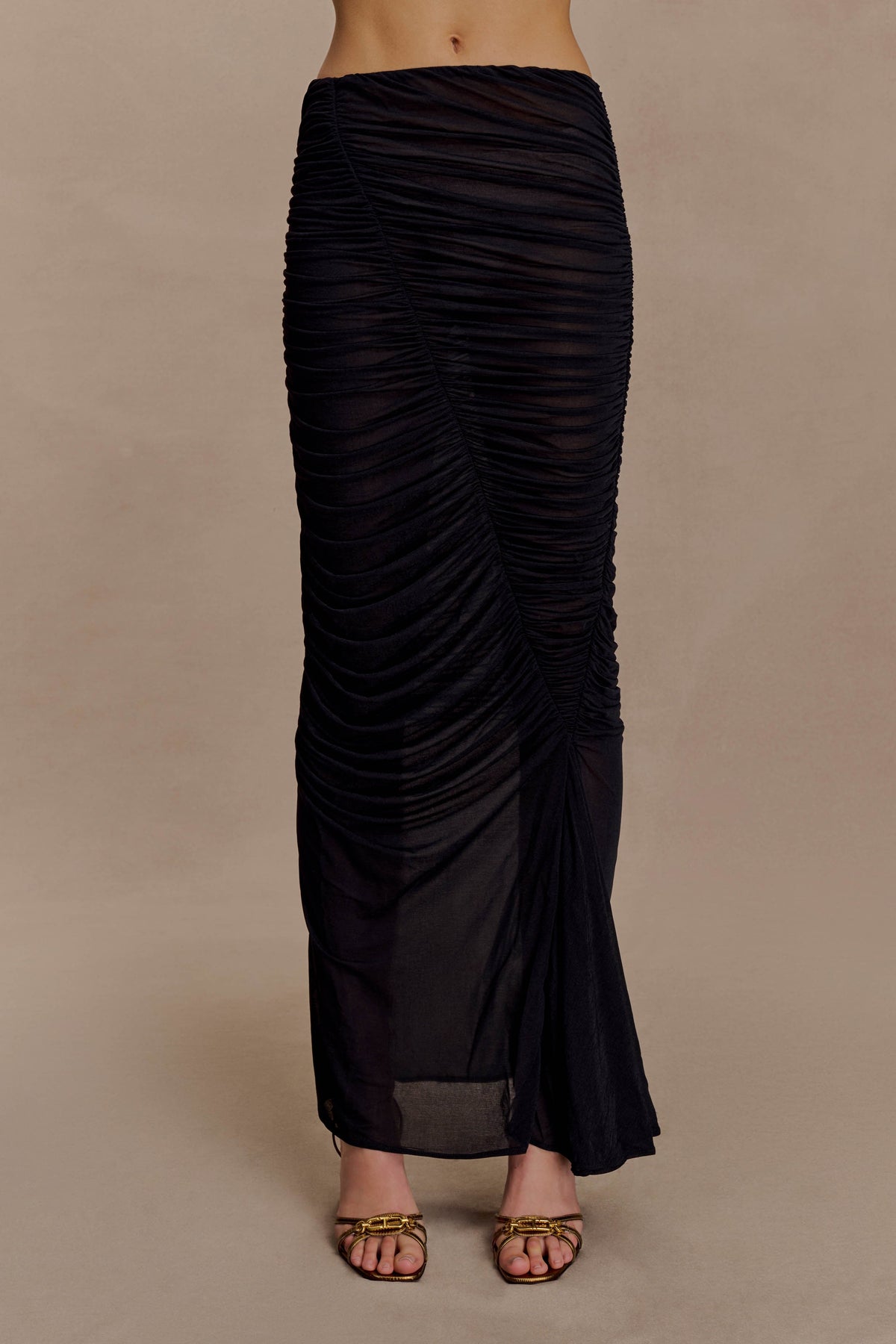 Matilda Ruched Mesh Maxi Skirt - Black