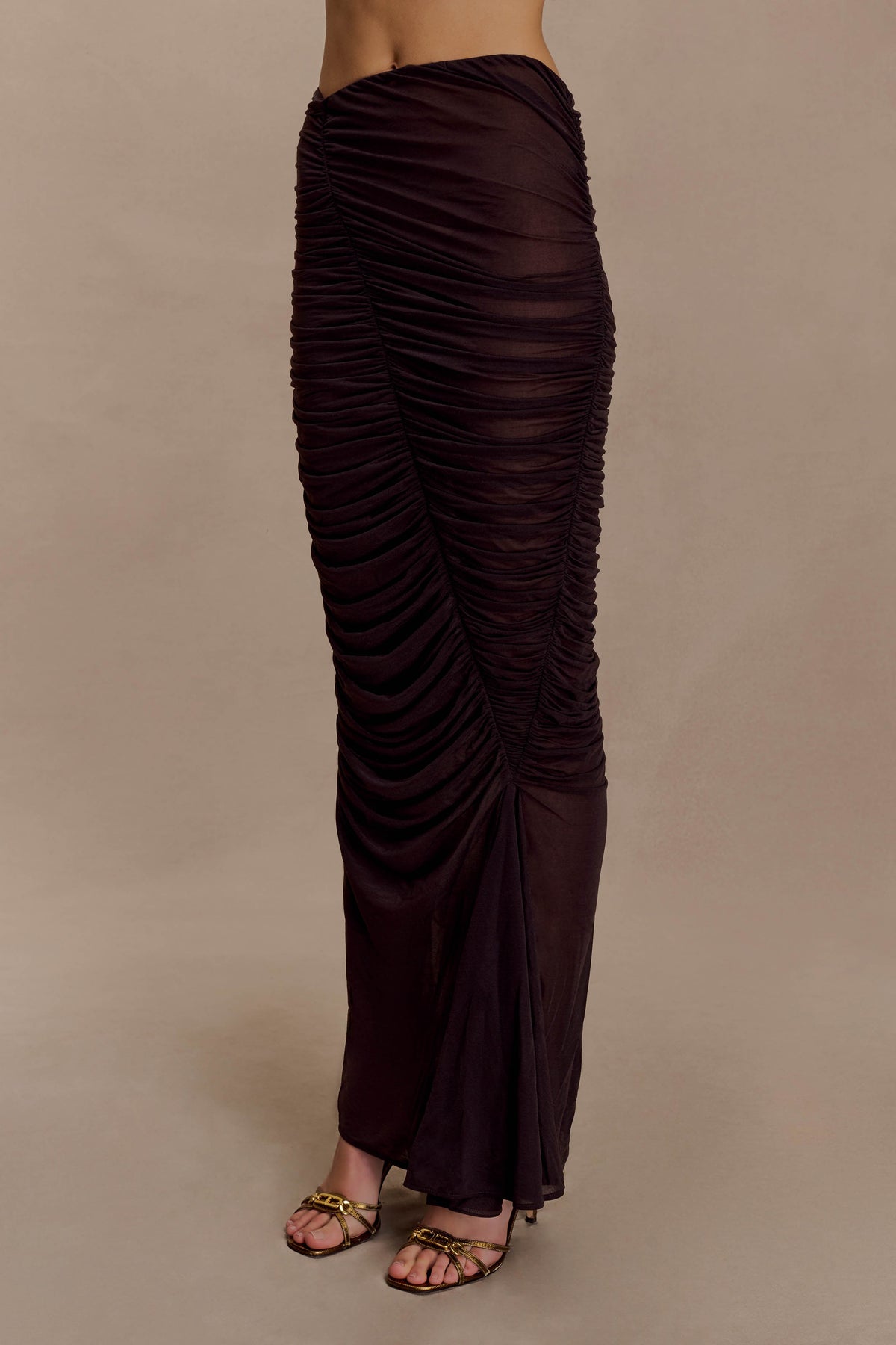 Matilda Ruched Mesh Maxi Skirt - Chocolate #5