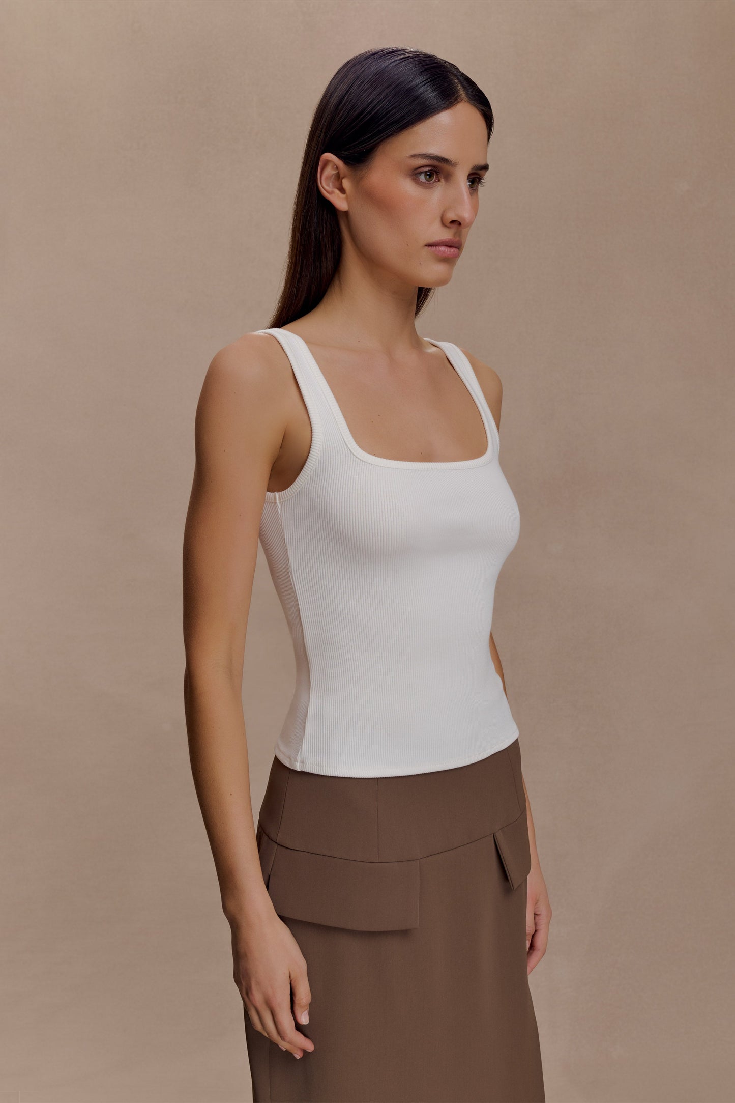 Aisling Ribbed Square Neck Sleeveless Top - Ivory