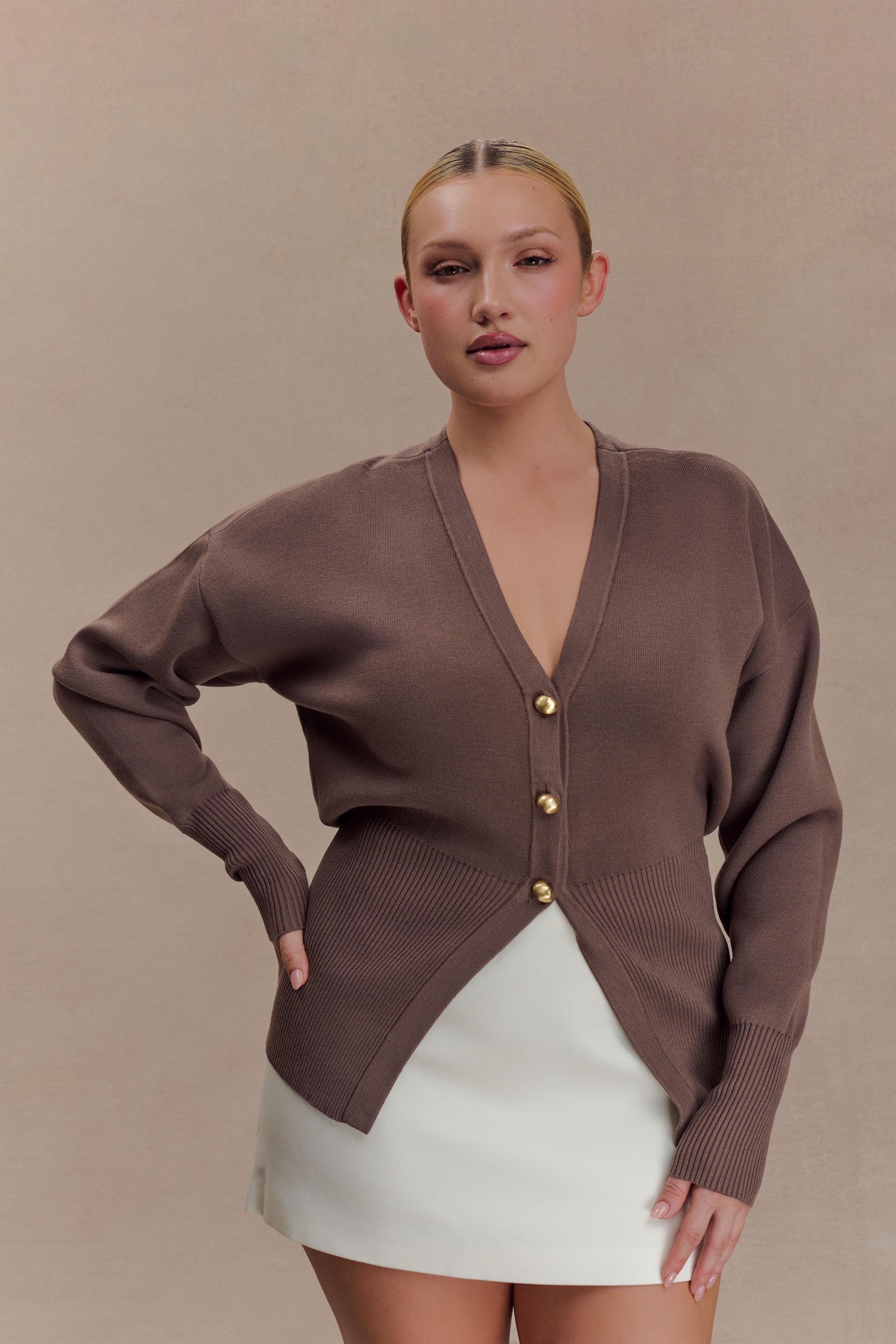 Amanda Statement Button Knit Cardigan - Cacao Brown | MESHKI UK