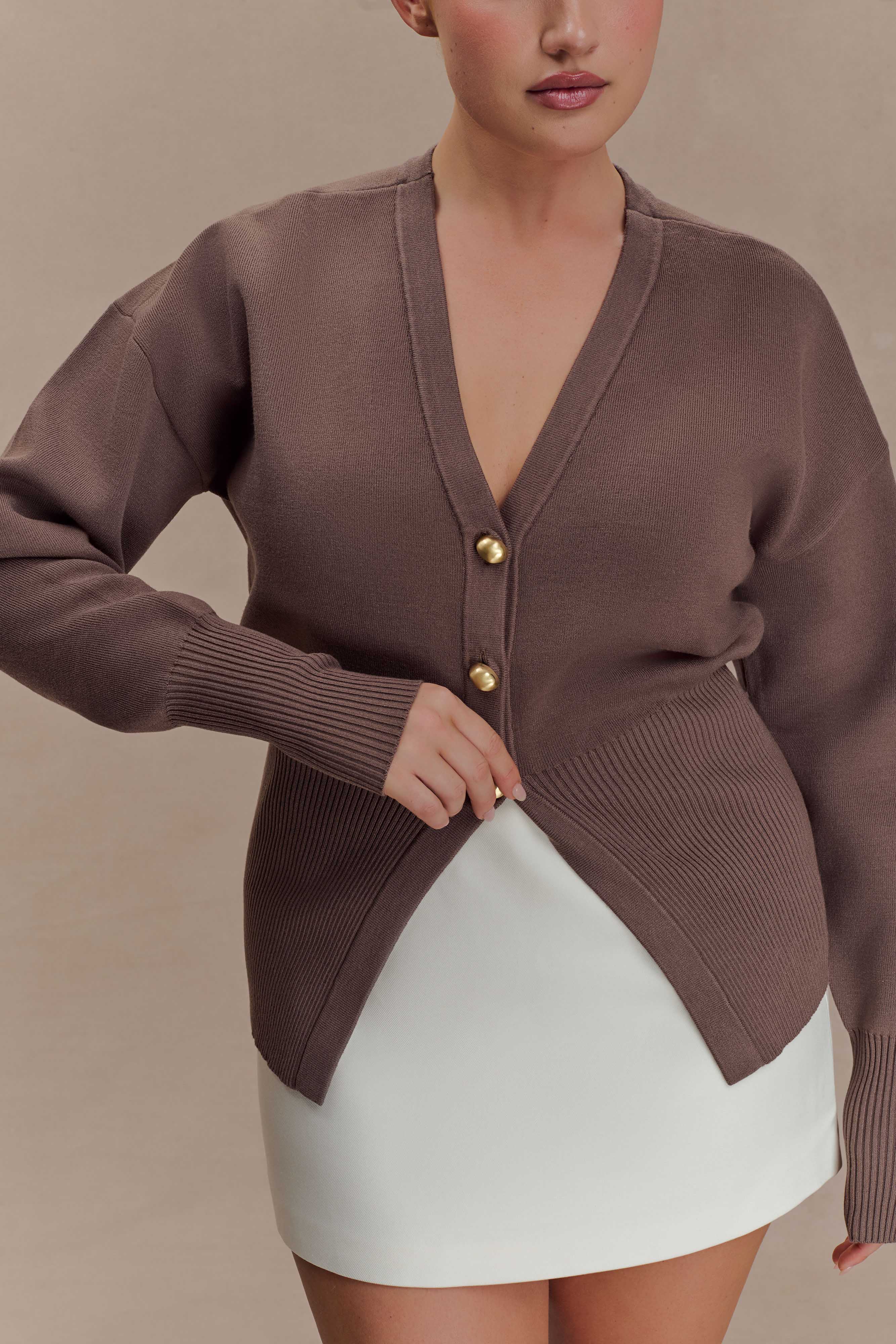 Amanda Statement Button Knit Cardigan - Cacao Brown | MESHKI UK