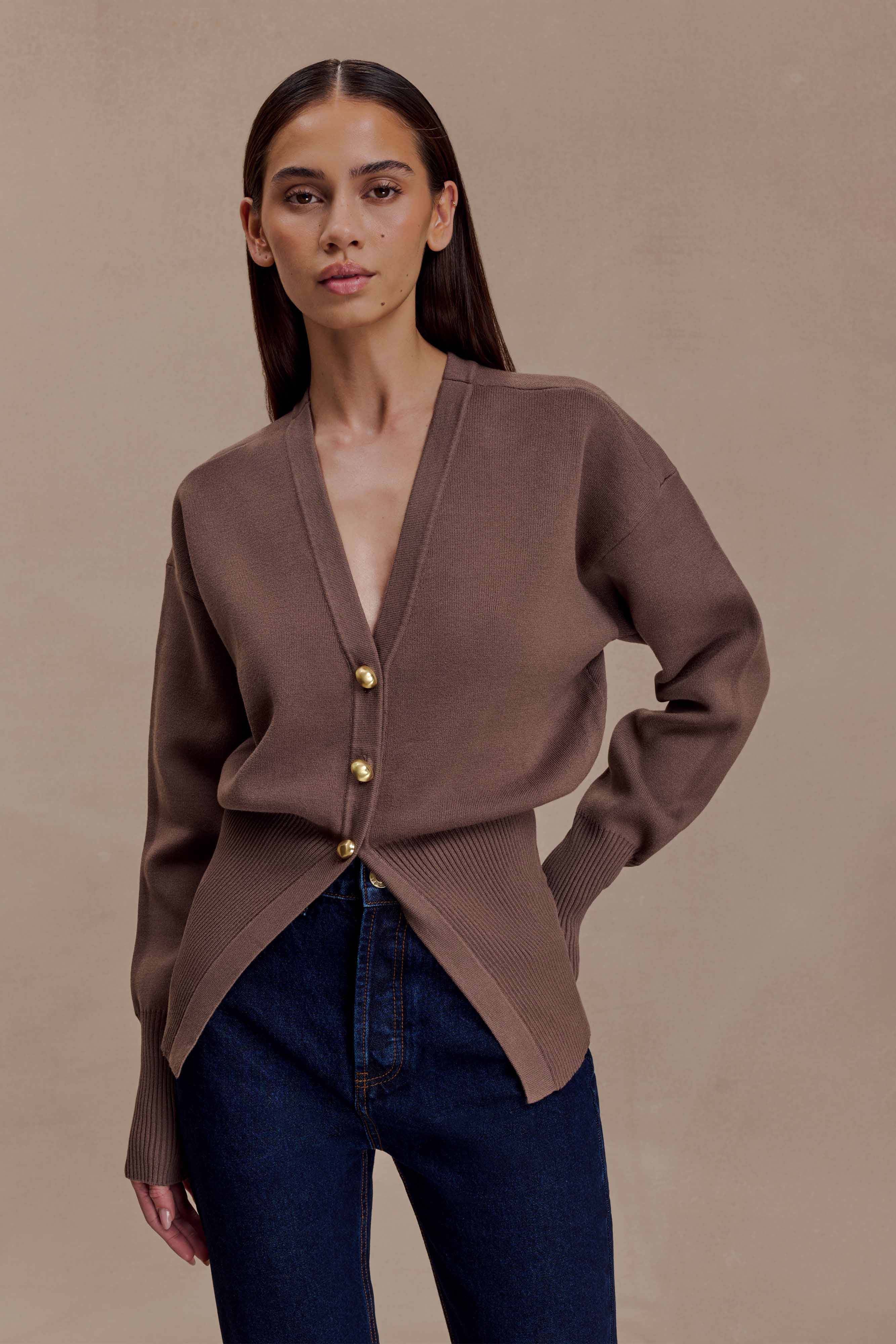 Amanda Statement Button Knit Cardigan - Cacao Brown | MESHKI UK