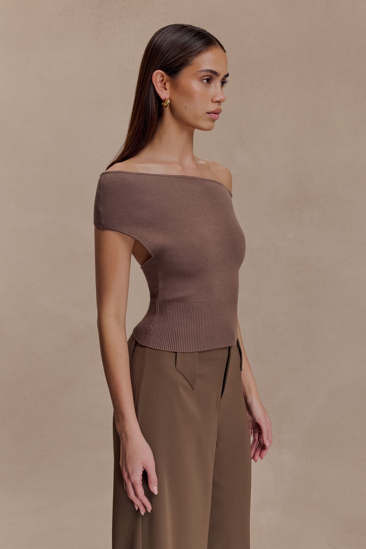 Carley Off Shoulder Knit Top - Cacao Brown #3