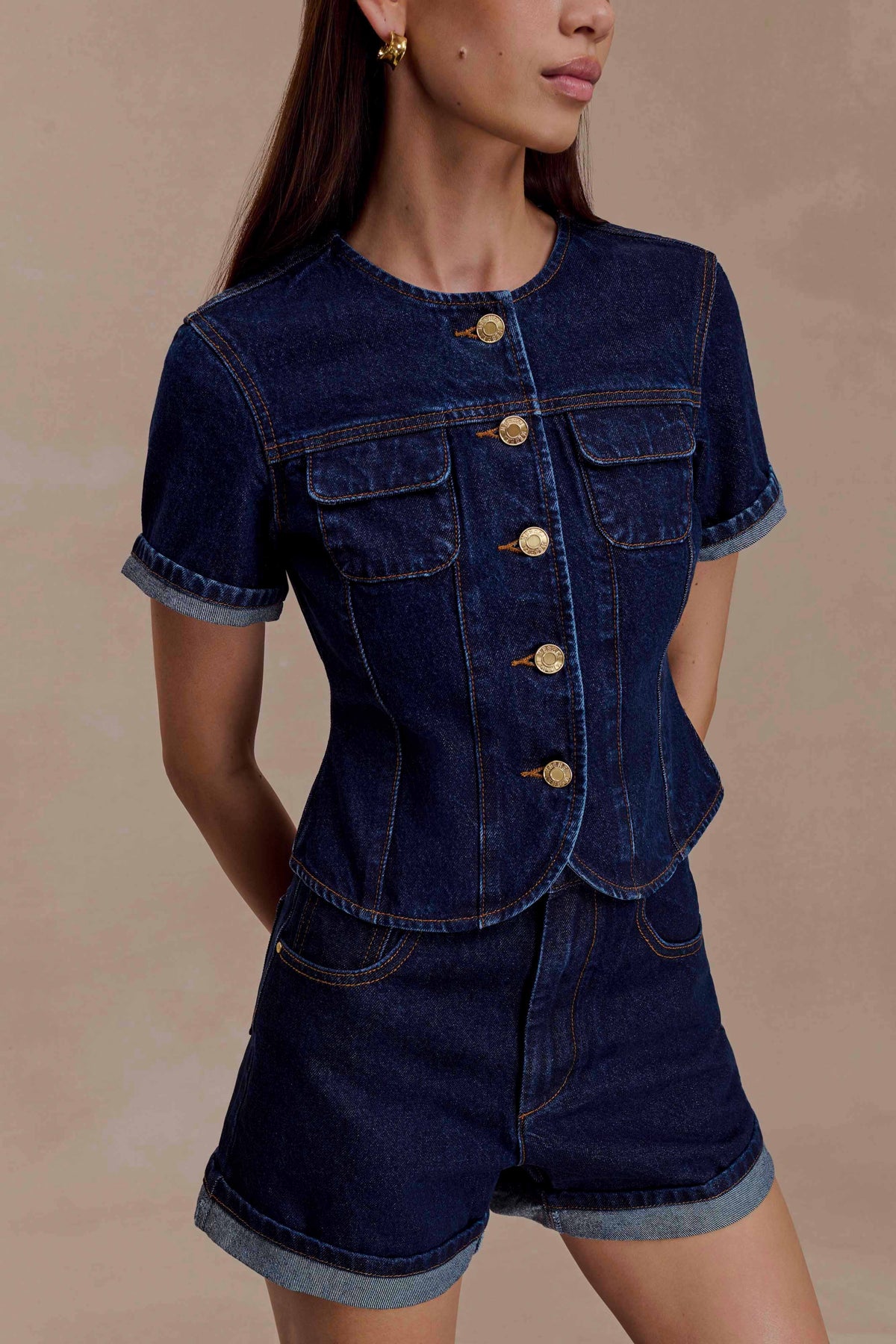 Marge Fitted Denim Short Sleeve Top - Indigo Blue #3