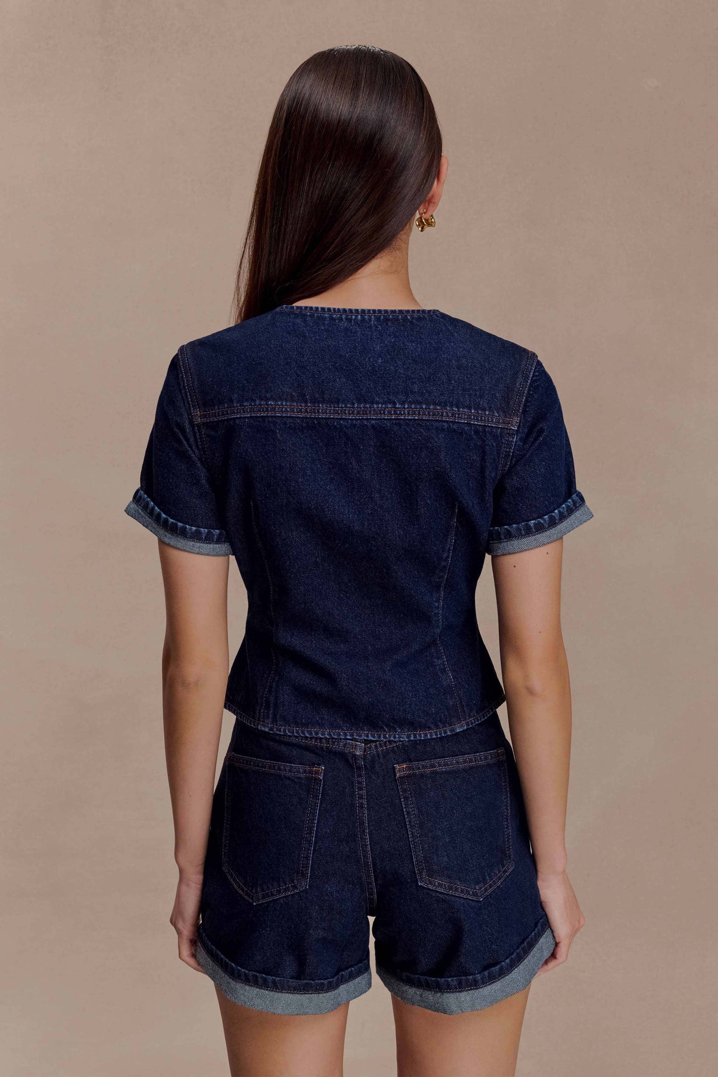 Marge Fitted Denim Short Sleeve Top - Indigo Blue