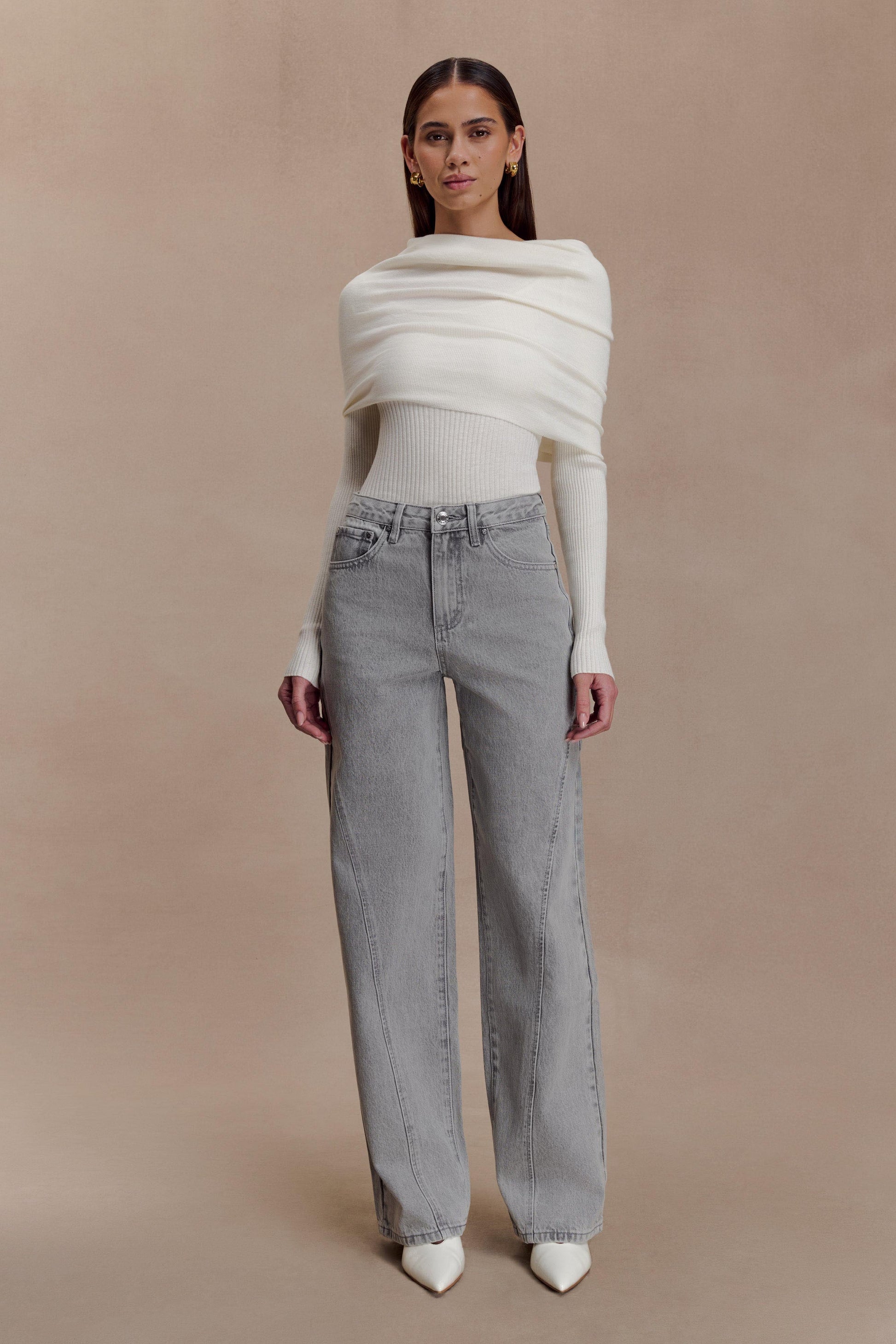 Mazie Asymetrical Cashmere Blend Long Sleeve Knit Top - Ivory #7