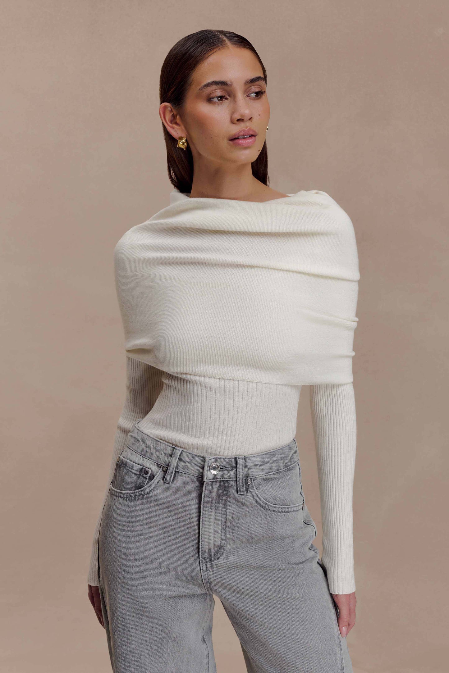Mazie Asymetrical Cashmere Blend Long Sleeve Knit Top - Ivory