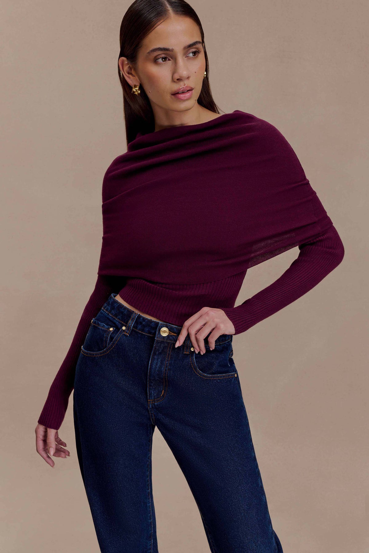 Mazie Asymetrical Cashmere Blend Long Sleeve Knit Top - Plum #3