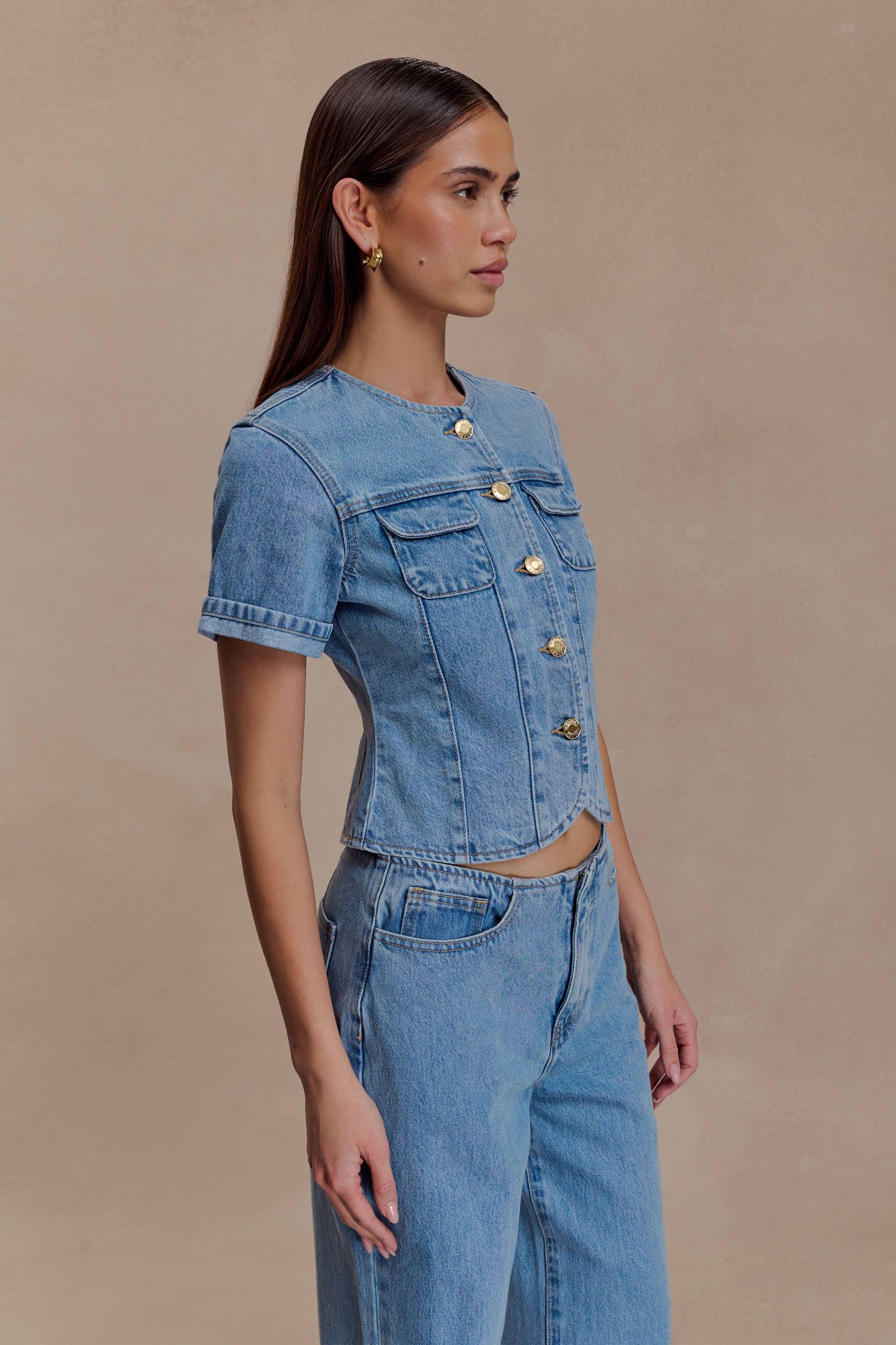 Marge Fitted Denim Short Sleeve Top - Classic Blue #3