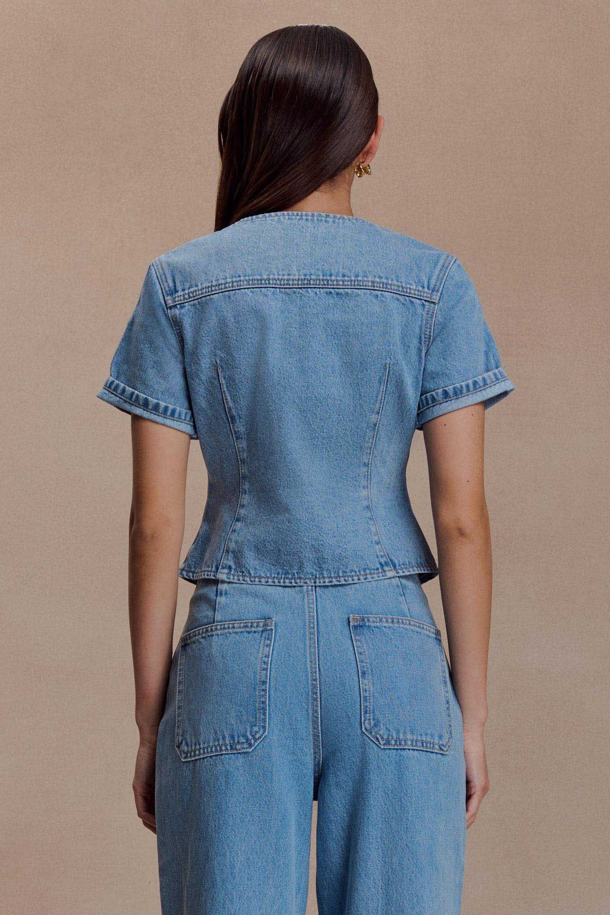 Marge Fitted Denim Short Sleeve Top - Classic Blue #2