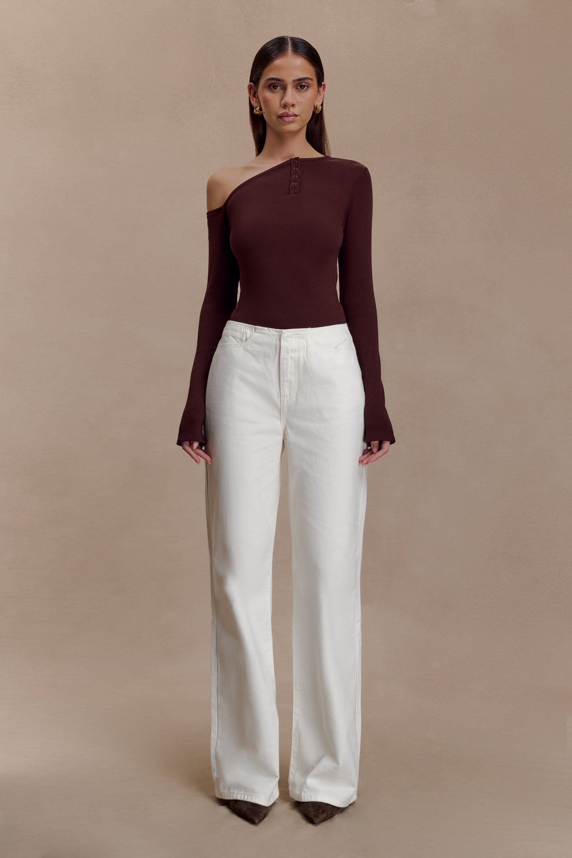 Maelle Off Shoulder Long Sleeve Top - Deep Chocolate #7