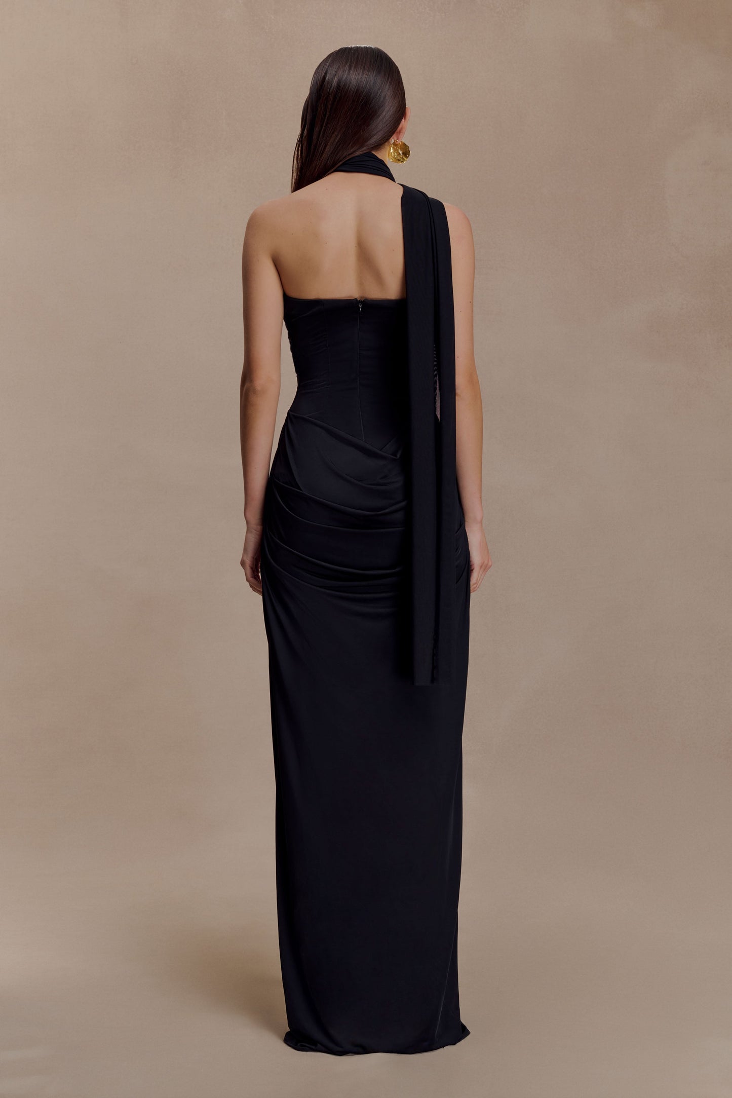 Mattea Slinky And Mesh Maxi Dress With Scarf - Black