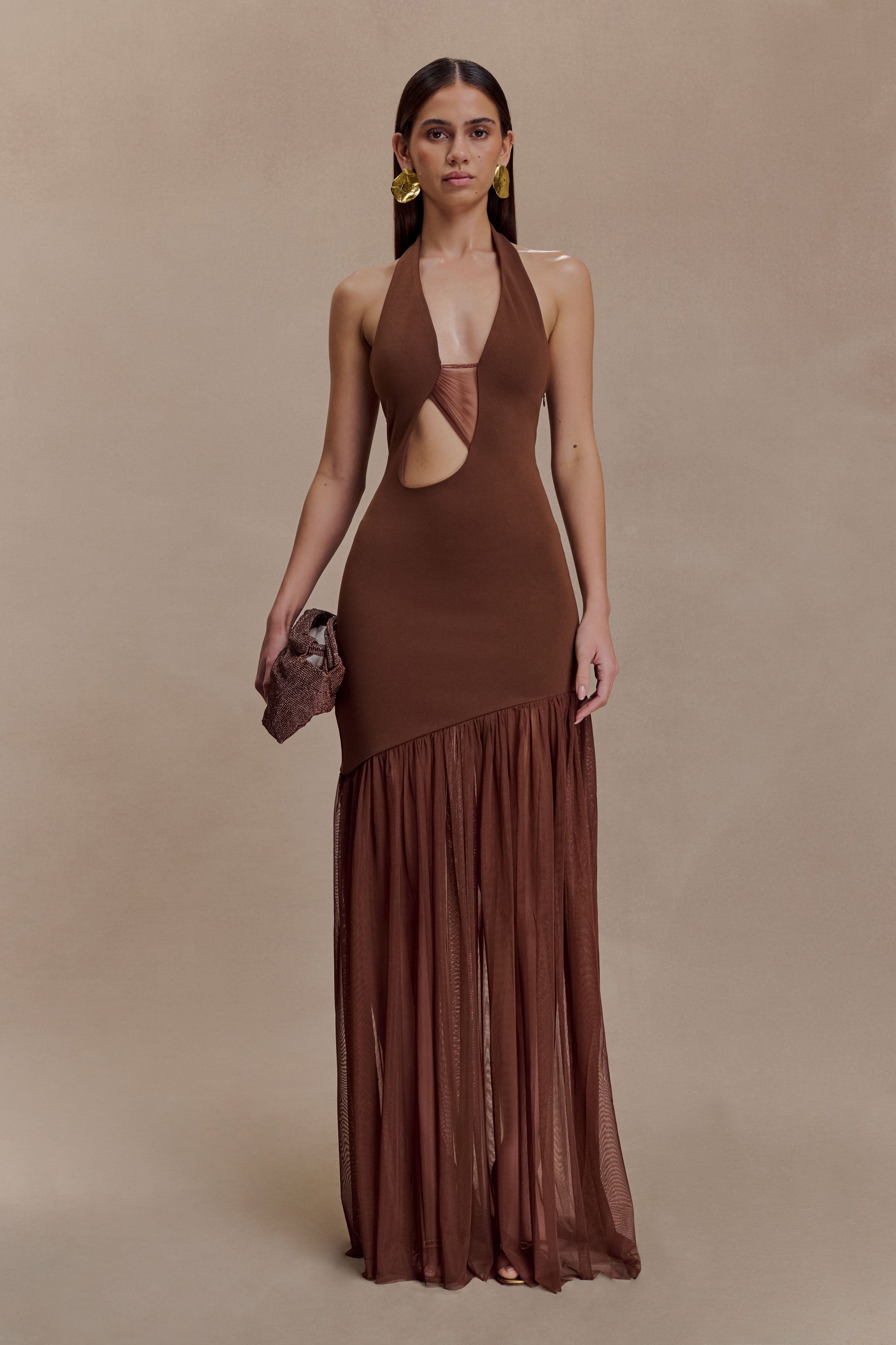 Aubree Crepe And Mesh Maxi Dress - Chocolate/Mocha